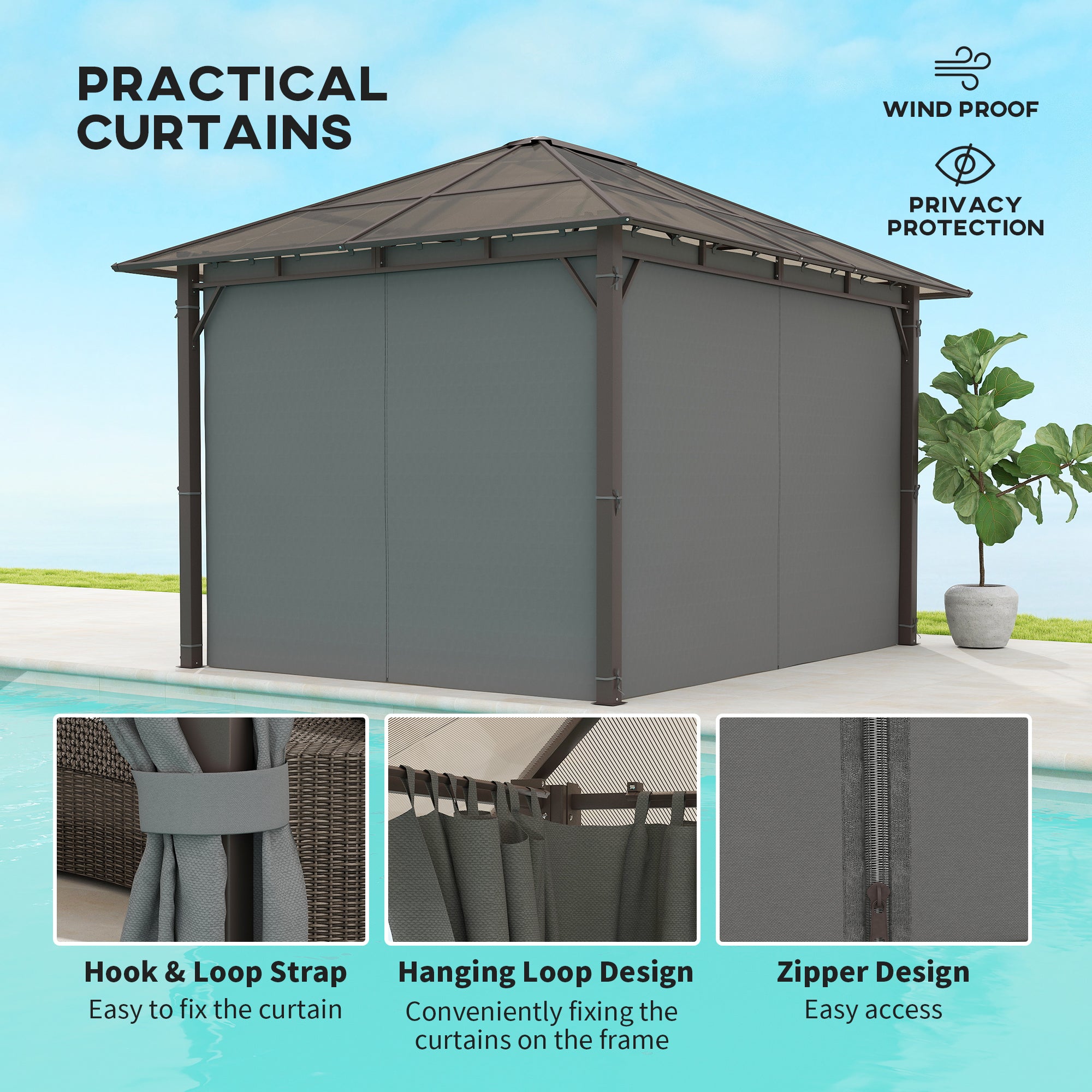 3.6 x 3 Metre Hardtop Gazebo with Polycarbonate Roof and Curtains - Dark Grey