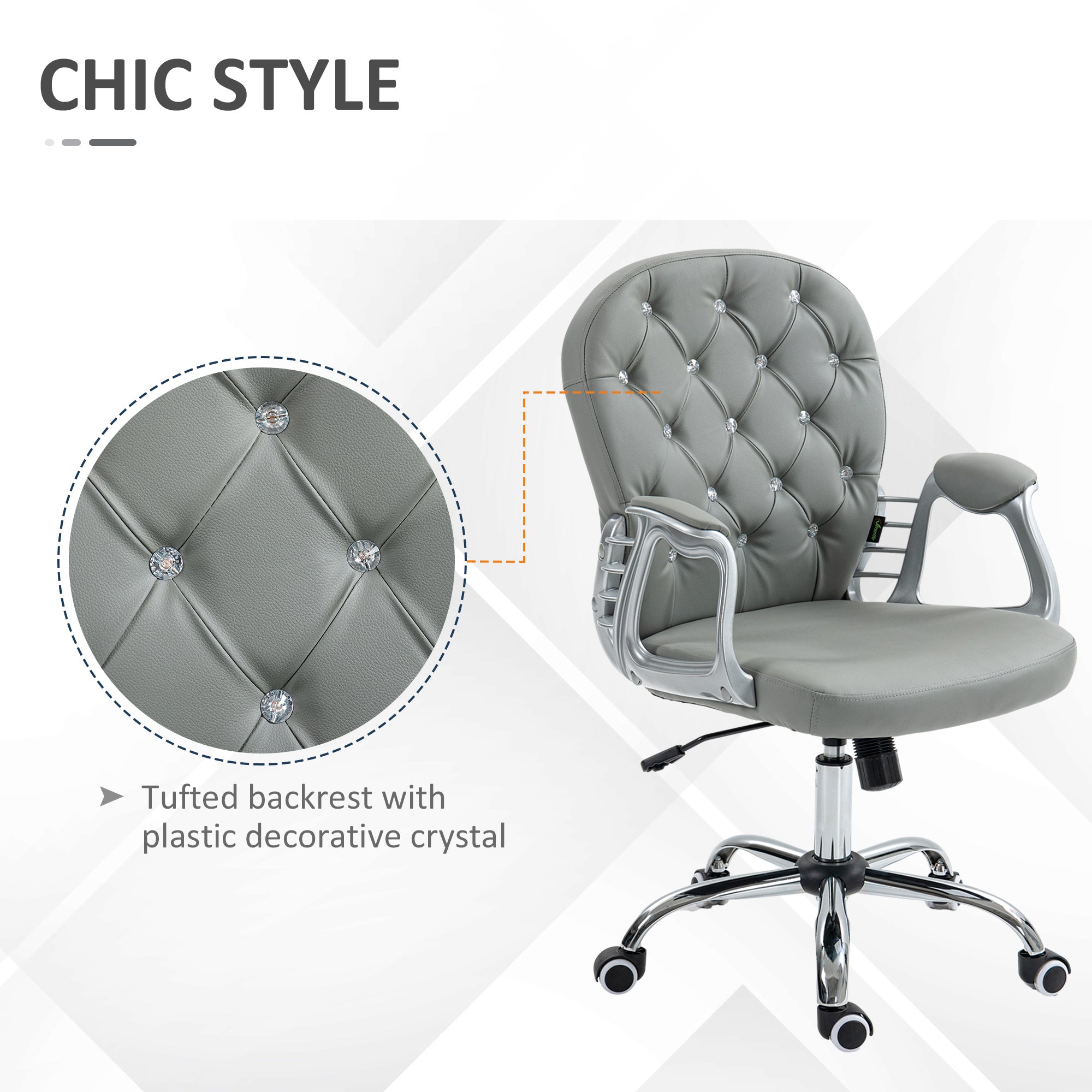 Office Chair Ergonomic 360° Swivel PU Diamante Padded Base 5 Castor Wheels for Home Work Grey