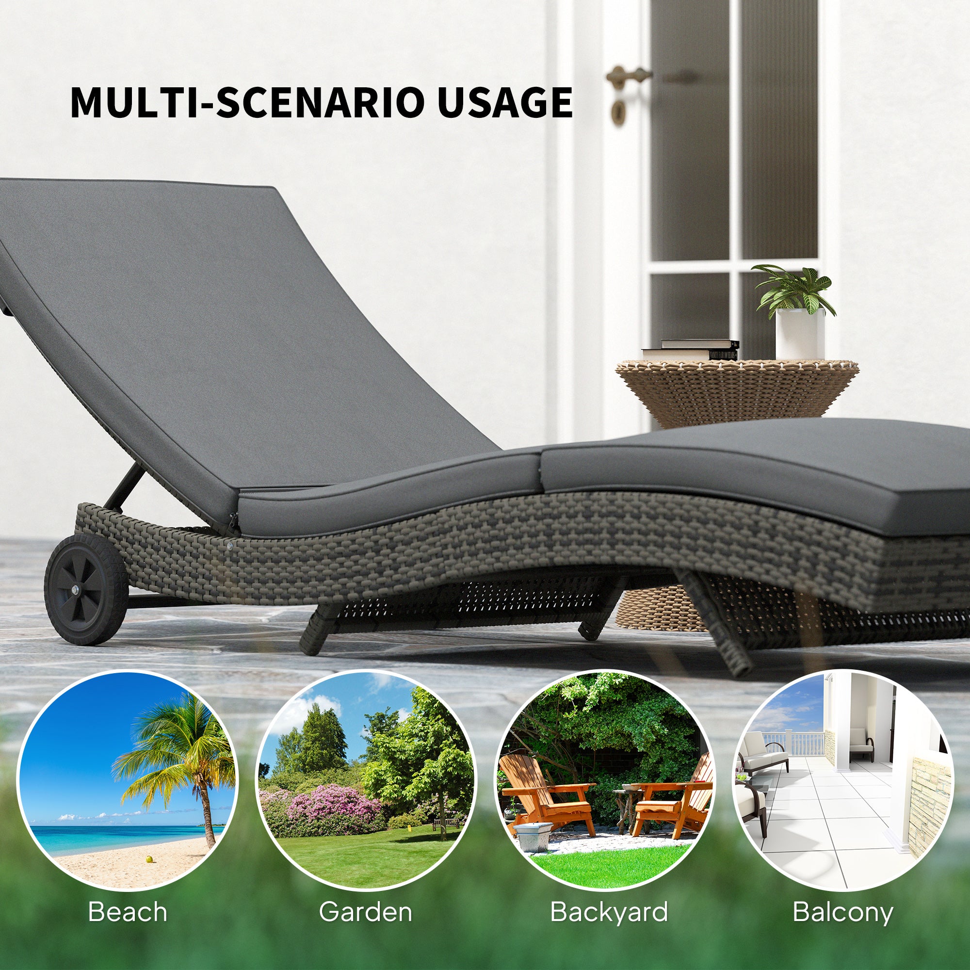 Patio Wicker Chaise Lounge Chair, Outdoor PE Rattan Sun Lounger with Adjustable Backrest and 2 Wheels, Dark Grey