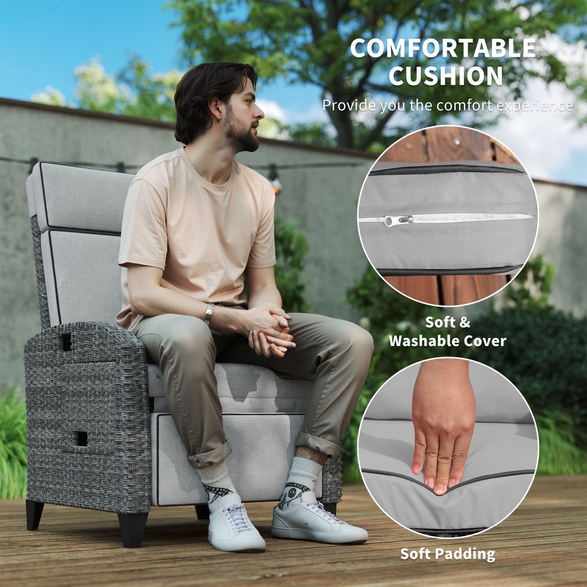 Outdoor Recliner Chair with Adjustable Backrest, Footrest, Cushion & Side Tray - Light Grey