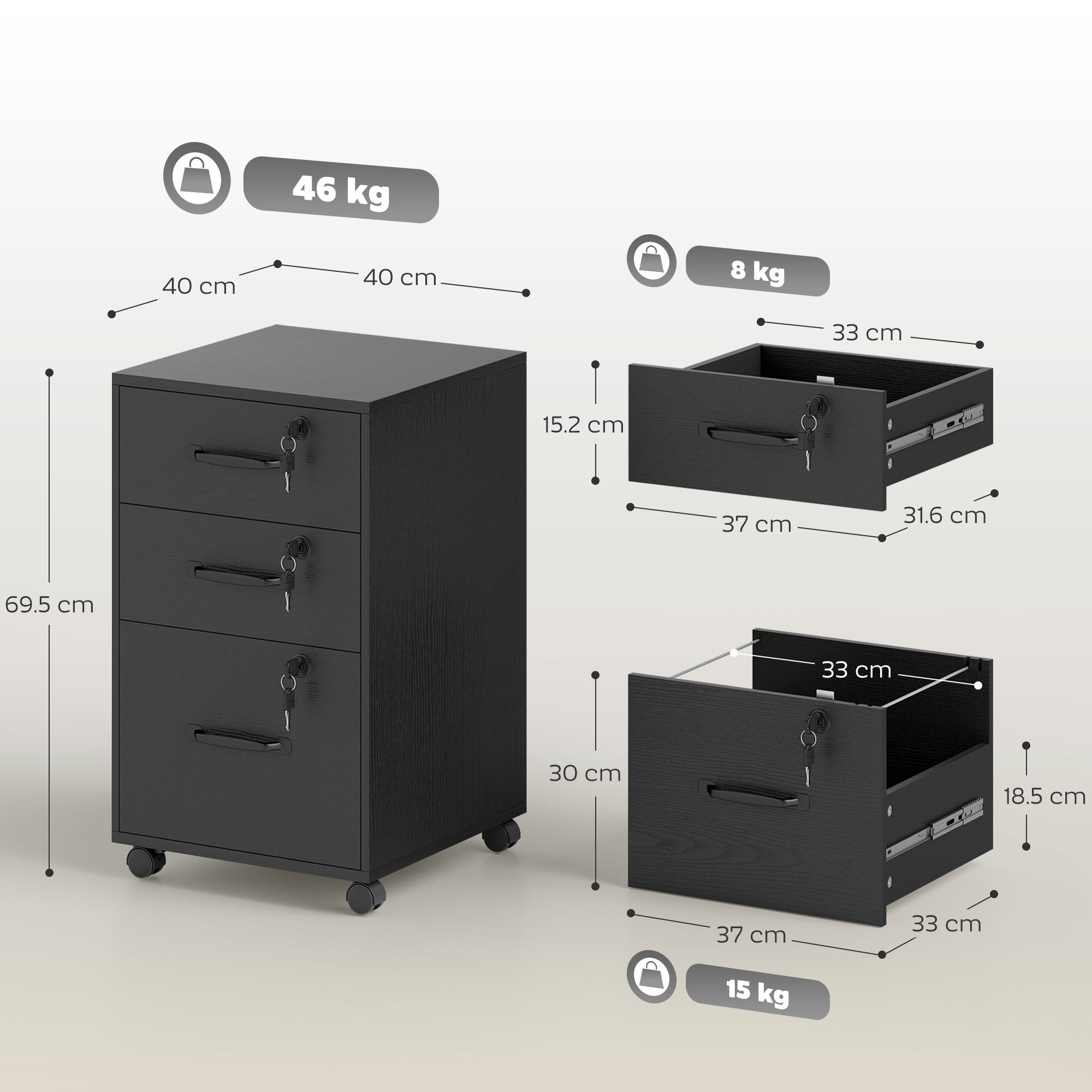 Three Drawer Wood-Effect Filing Cabinet - Black