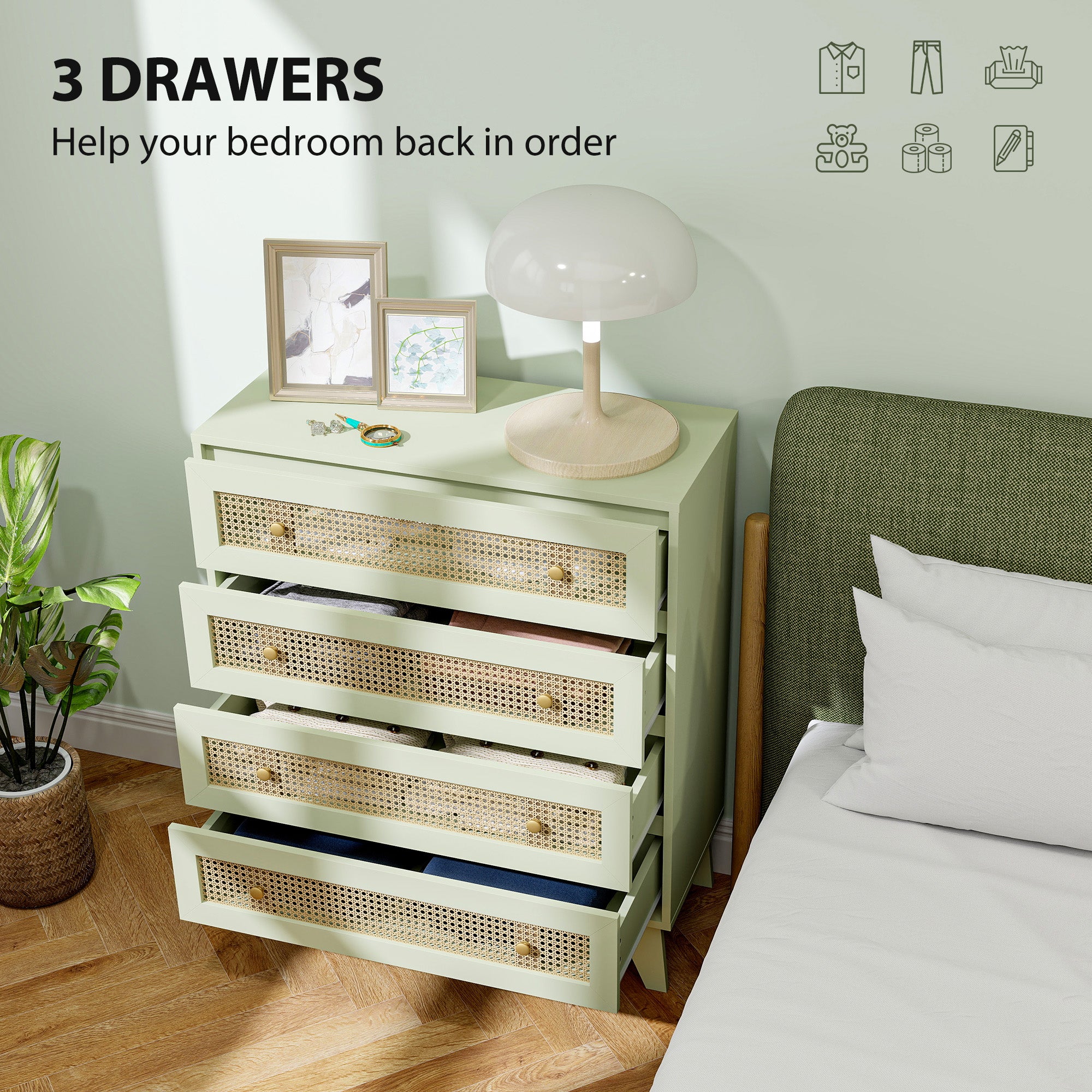 Rattan Chest of Drawers, 4 Drawer Storage Unit with Tapered Legs, Bedroom Storage Organiser Dresser for Bedside, Entryway, Hallway, Living Room, Light Green