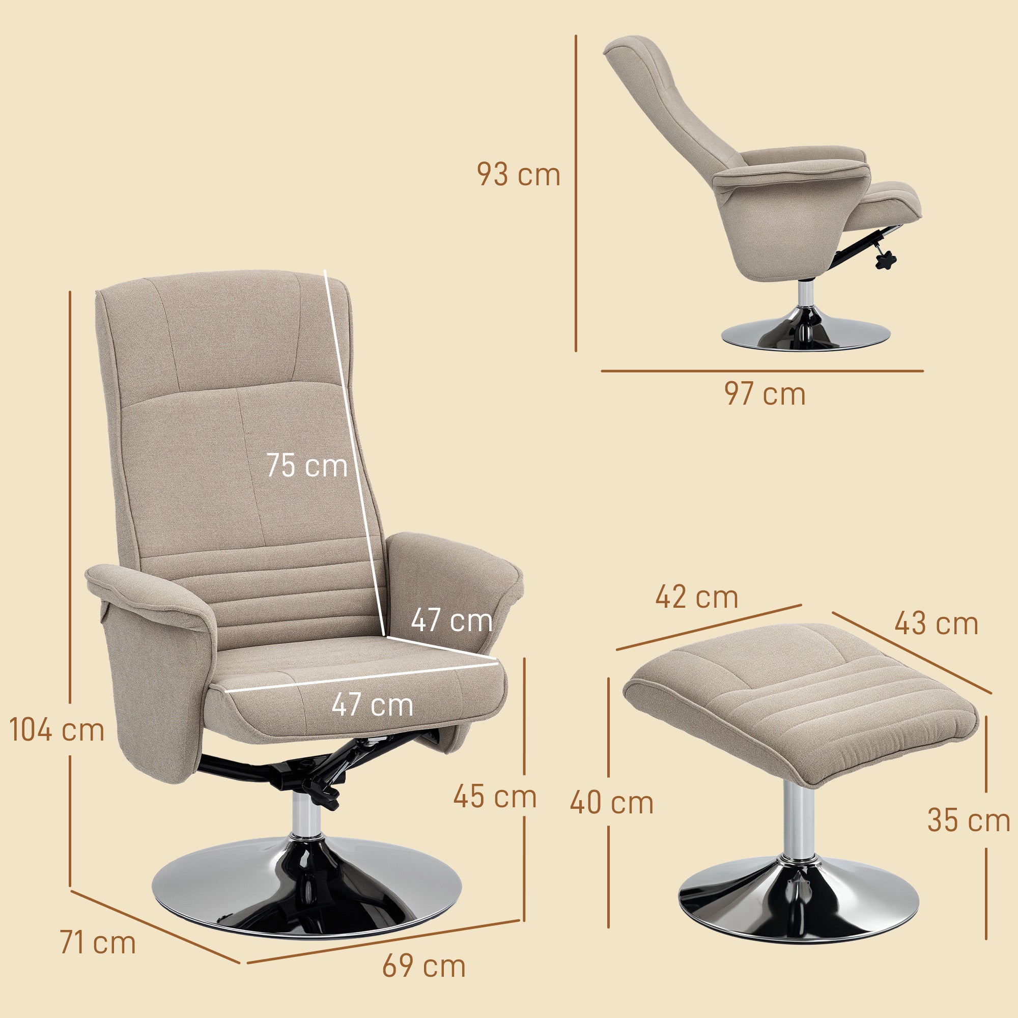Swivel Recliner Chair with Footstool, Velvet Recliner Armchair with Ottoman, Steel Base, Upholstered Reclining Chair for Living Room, Bedroom, Office, Beige