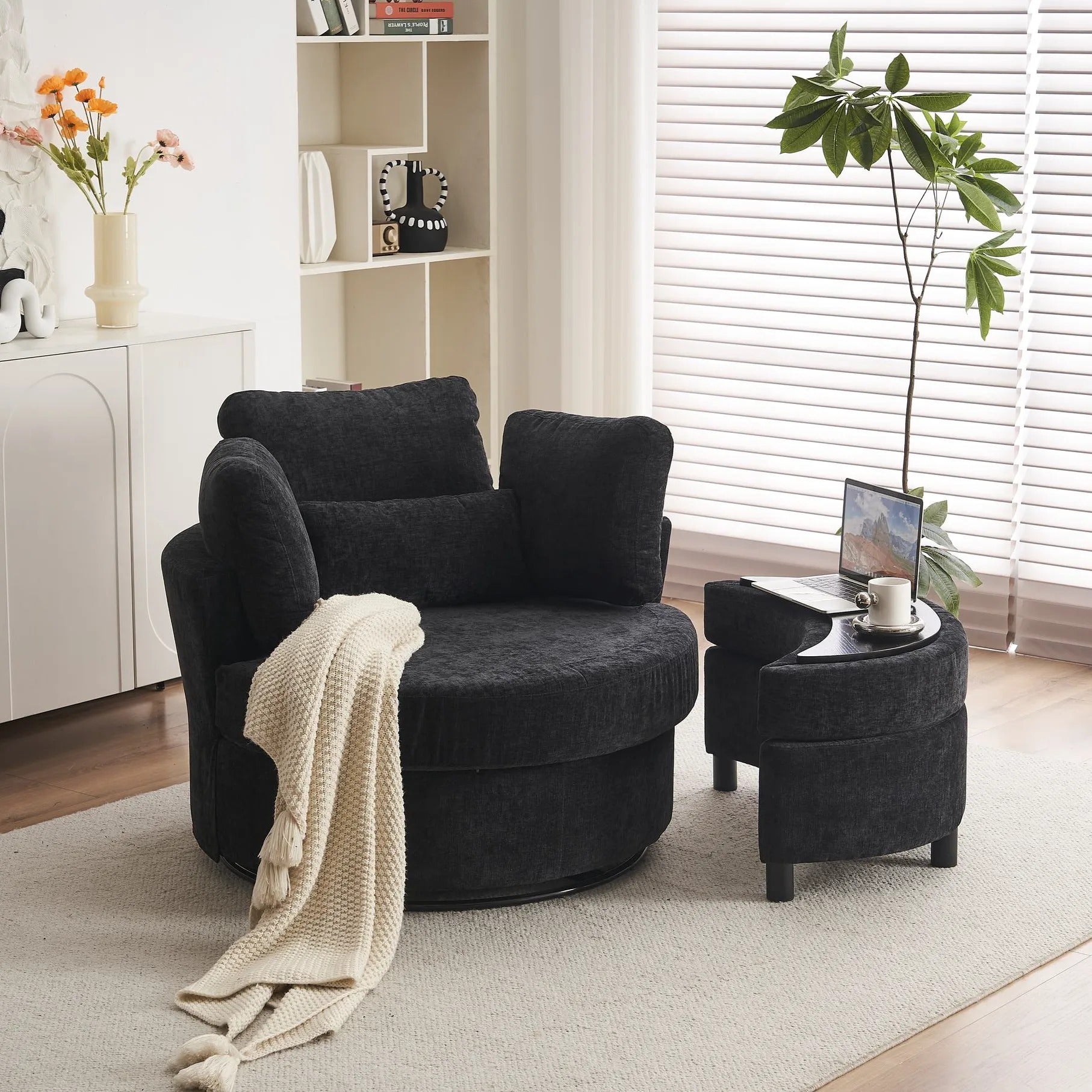 Chenille Swivel Armchair with 3 Back Cushions and Crescent Ottoman Stool, 360° Swivel Recliner Sofa, 107L x 105W x 82H cm, Black