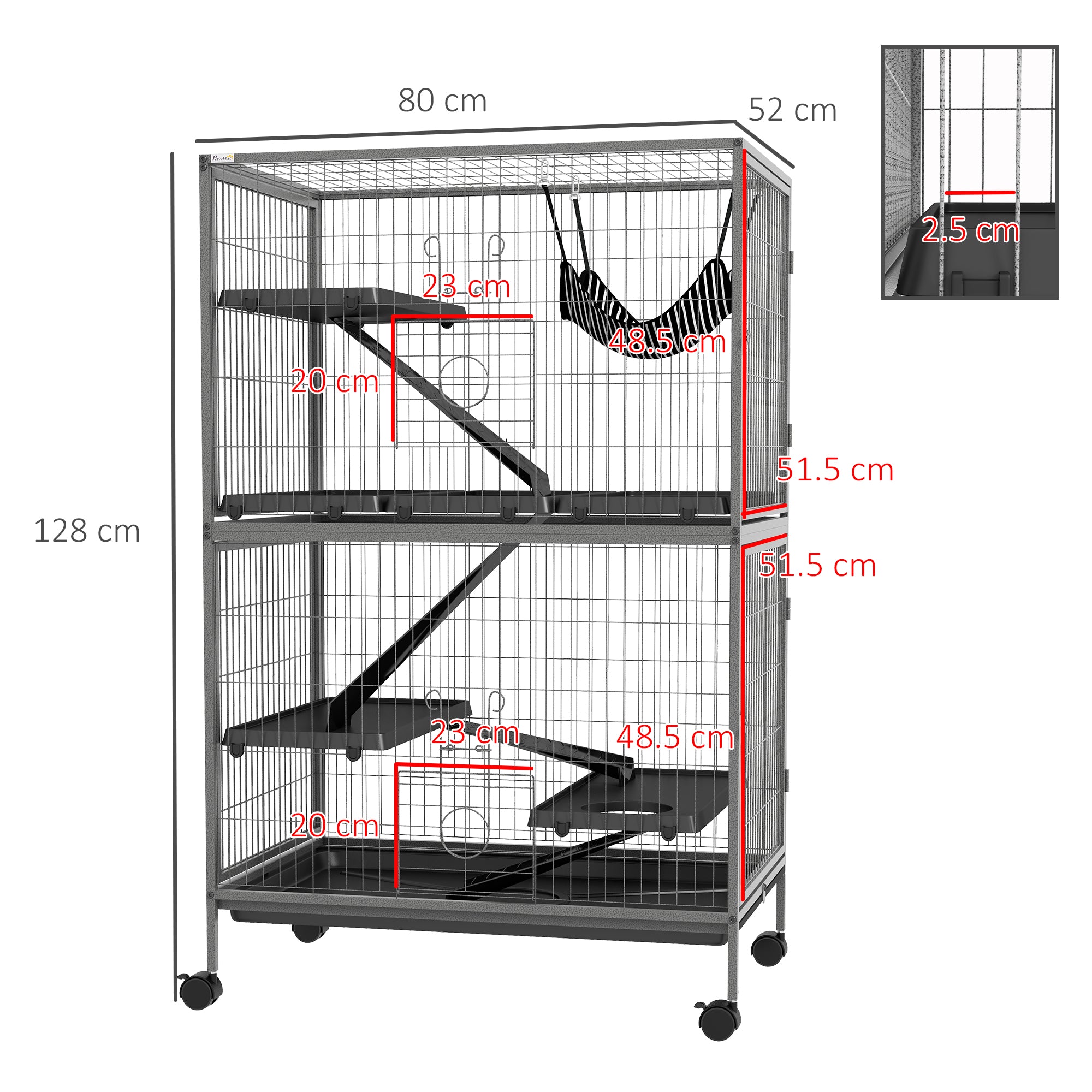 Small Animal Cage for Chinchilla Ferret Kitten on Wheels with Hammock Removable Tray, Grey