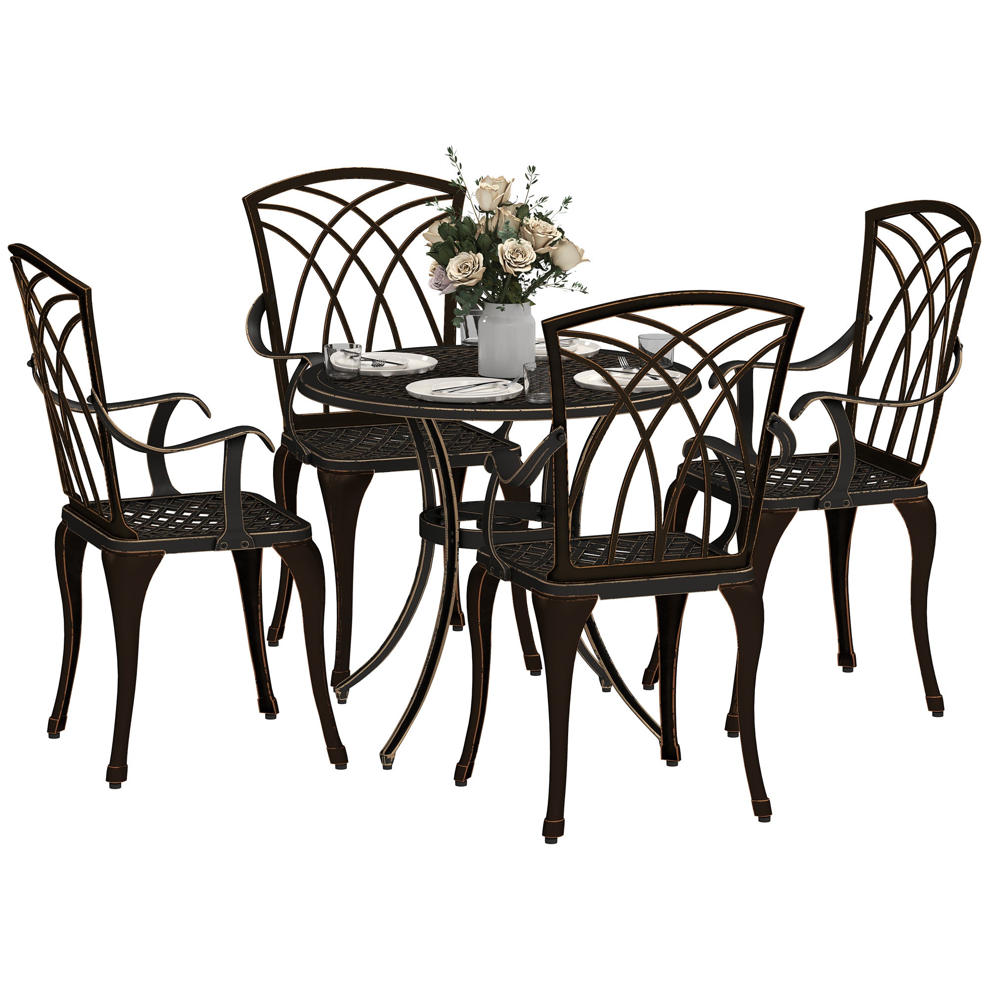 5 Piece Cast Aluminium Garden Dining Set with Parasol Hole - Bronze Tone