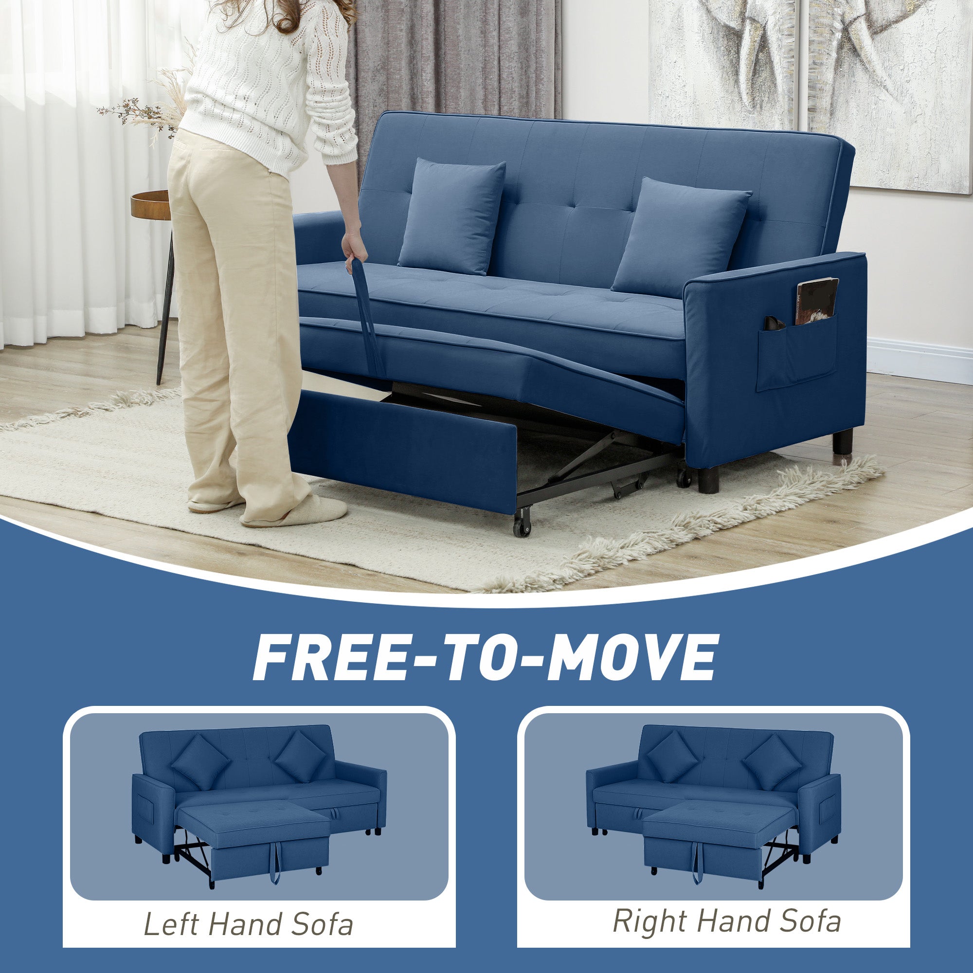 Three-Person Velvet-Feel Sofa Bed with Cushions and Adjustable Backrest - Blue