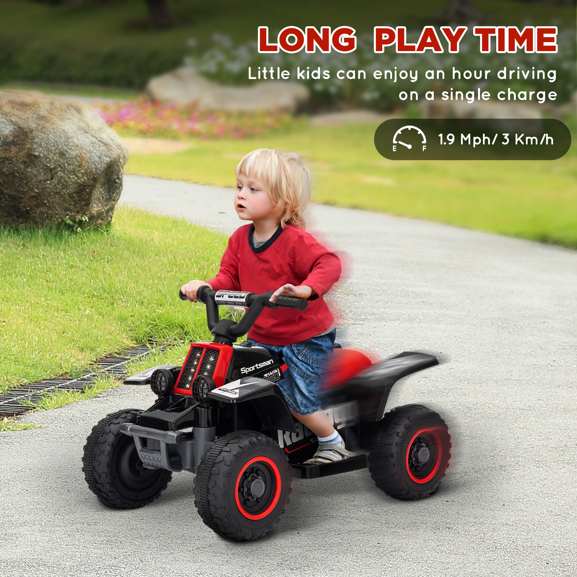 6V Electric Quad Bike for Kids, Ride On ATV w/ Forward Backward, Headlights, for 18-36 Months, Black and Red