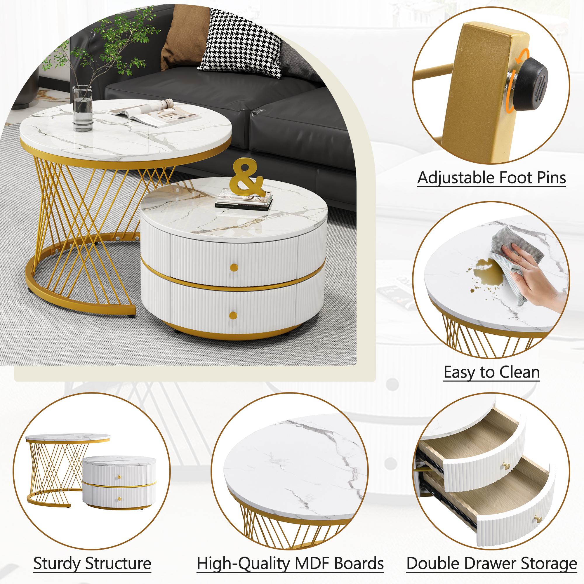 2 Piece High Gloss Round Nesting Coffee Table Set with Marble Top, Living Room Centre Tables with Storage Drawers, Gold+White