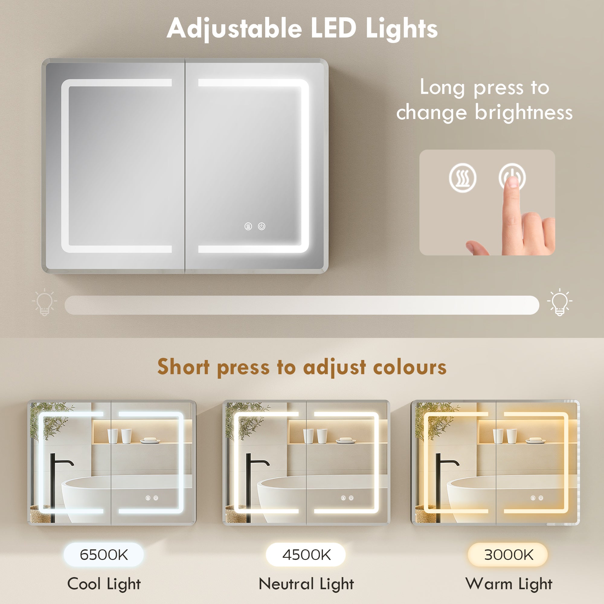 Mirrored Bathroom Cabinet with LED Lights, 60 x 80 cm Bathroom Mirror Cabinet with Anti-Fog, 3 Colour Dimmable Lighting