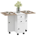 Multi-Storage Six-Person Drop Leaf Dining Table with Wheels and Storage - Oak and White