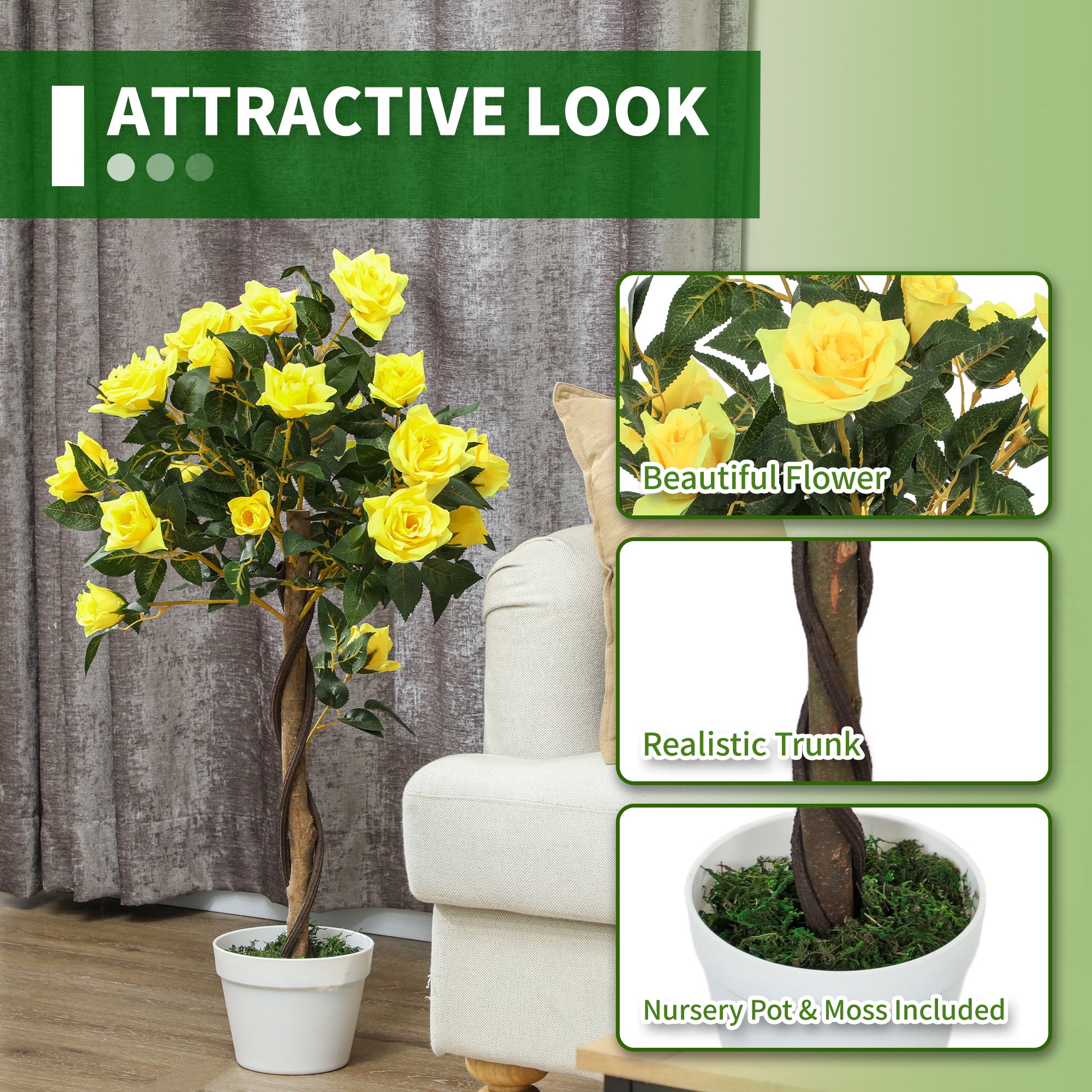 Set of 2 Artificial Plants White Rose Floral in Pot, Fake Plants for Home Indoor Outdoor Decor, 90cm, Yellow