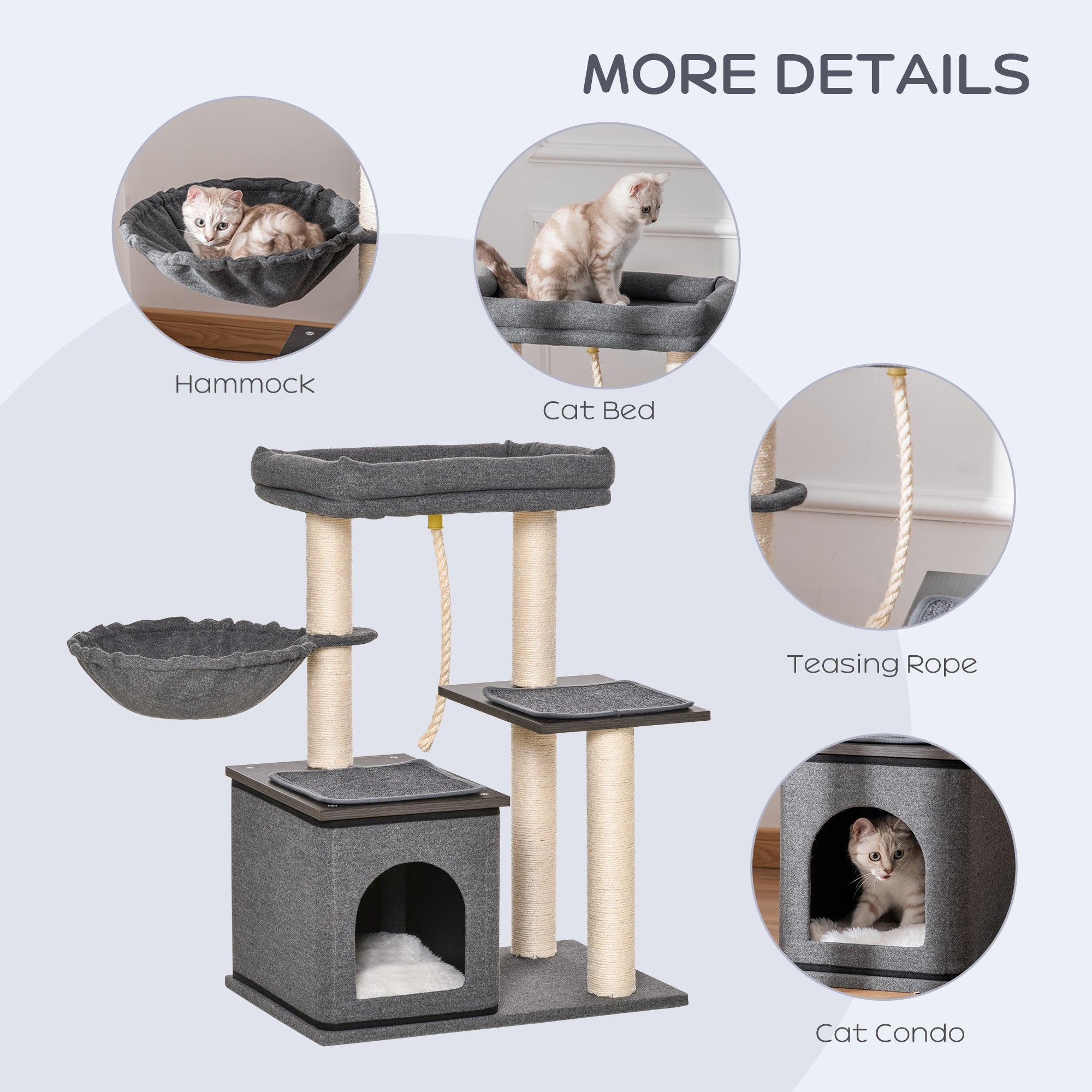 Cat Tree Tower for Indoor Cats Climbing Activity Center Kitten Furniture with Sisal Scratching Post Bed Condo Perch Teasing Rope 60 x 40 x 83cm Dark Grey