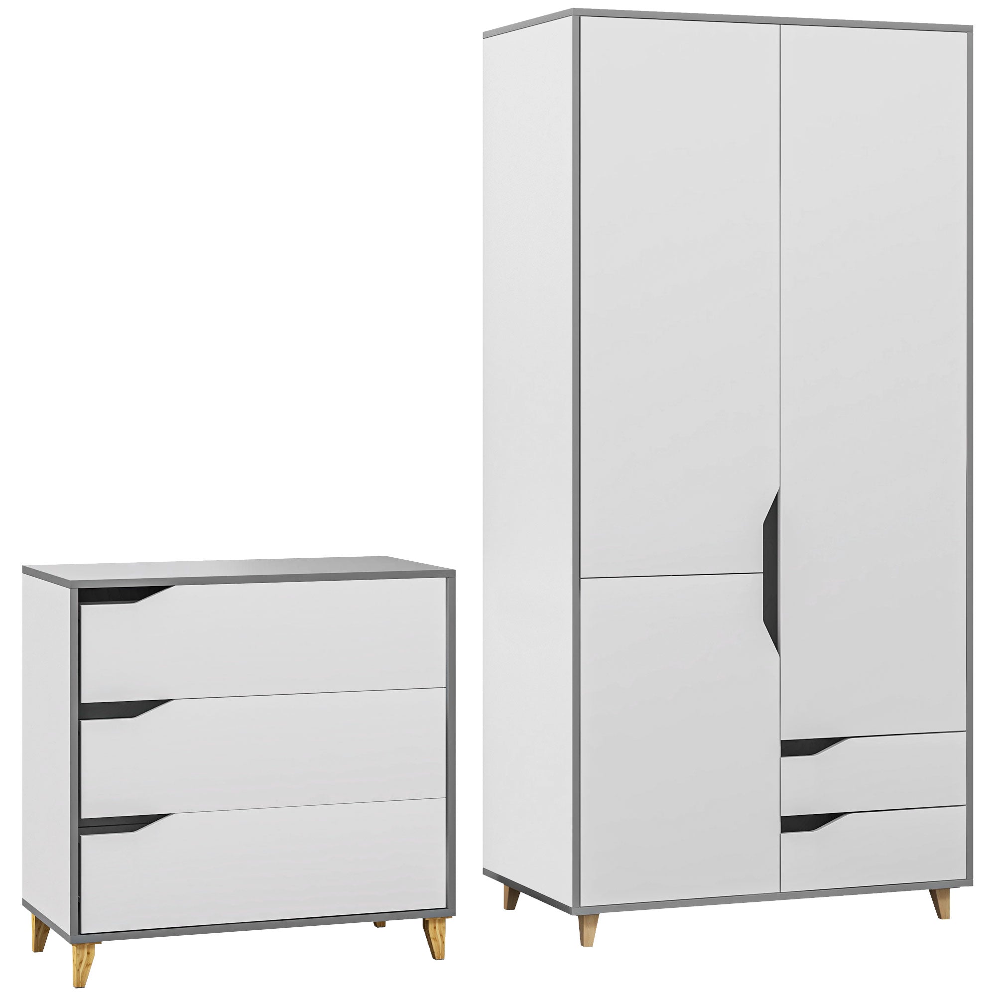 Bedroom Furniture Set, Wardrobe with Hanging Rail, 3 Drawer Chest of Drawers with Cut-out Handles, Grey and White