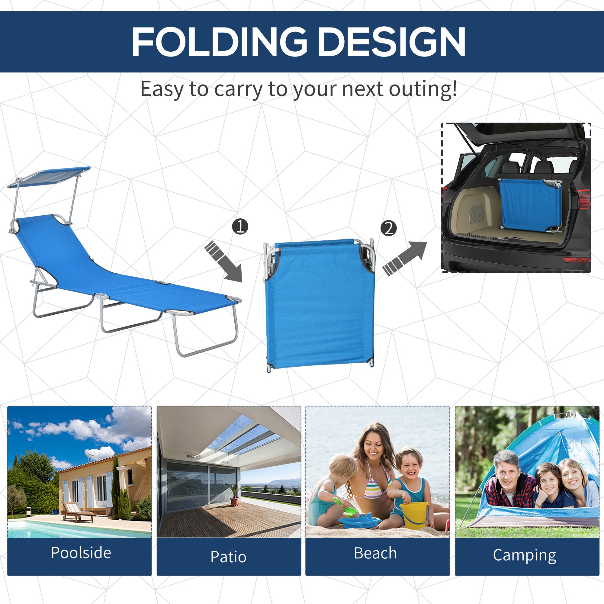 Adjustable Sun Lounger with Face Canopy - Bright Blue