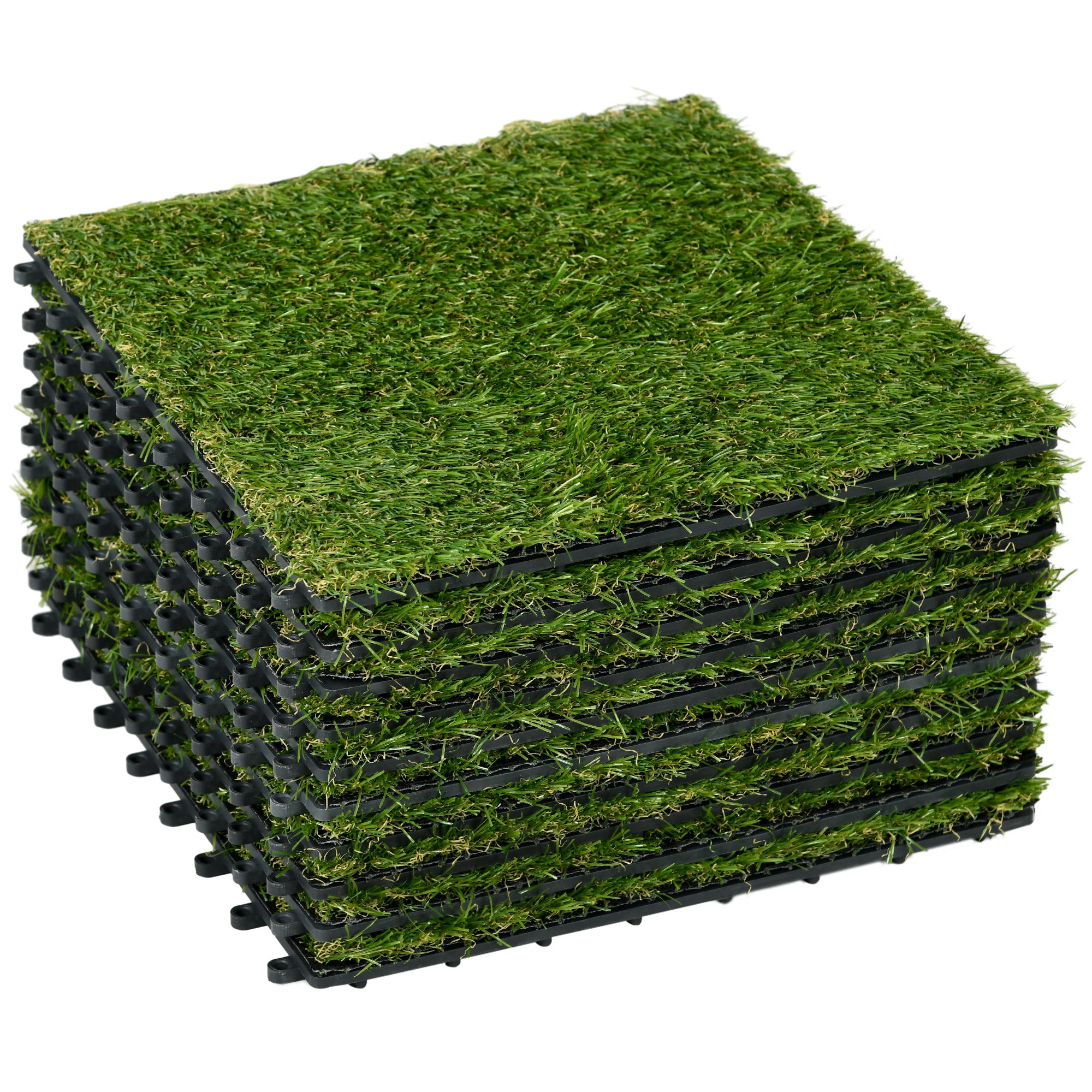 10-Piece Artificial Grass Set, Weatherproof Turf Tiles, 25mm Pile Height, Outdoor Carpet for Garden, Balcony & Patio, 30 x 30cm, Dark Green