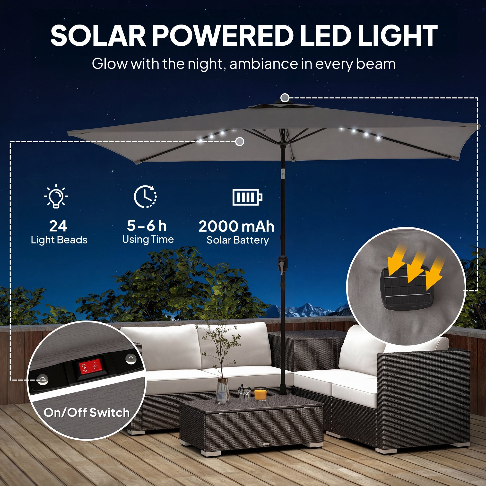 3 x 2 m Garden Parasol Umbrella with LED Solar Light, Parasol Cover, Outdoor Market Patio Umbrella, Dark Grey