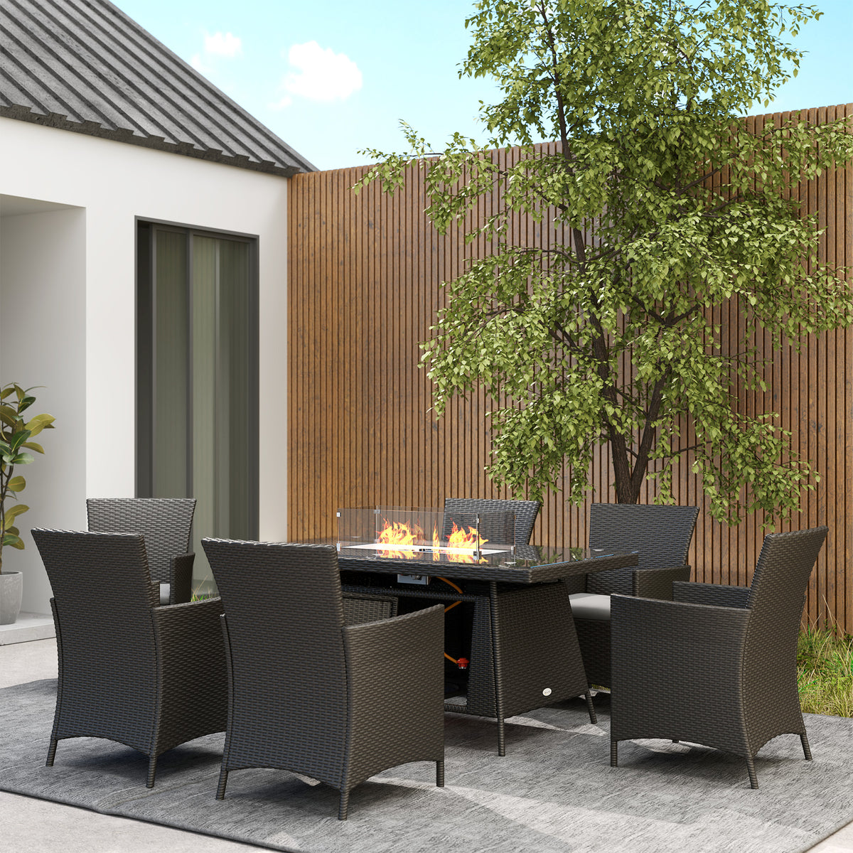 7 Piece Outdoor Rattan Garden Dining Set with 6 Chairs, Fire Pit Table & 50,000 BTU Propane Heater - Black