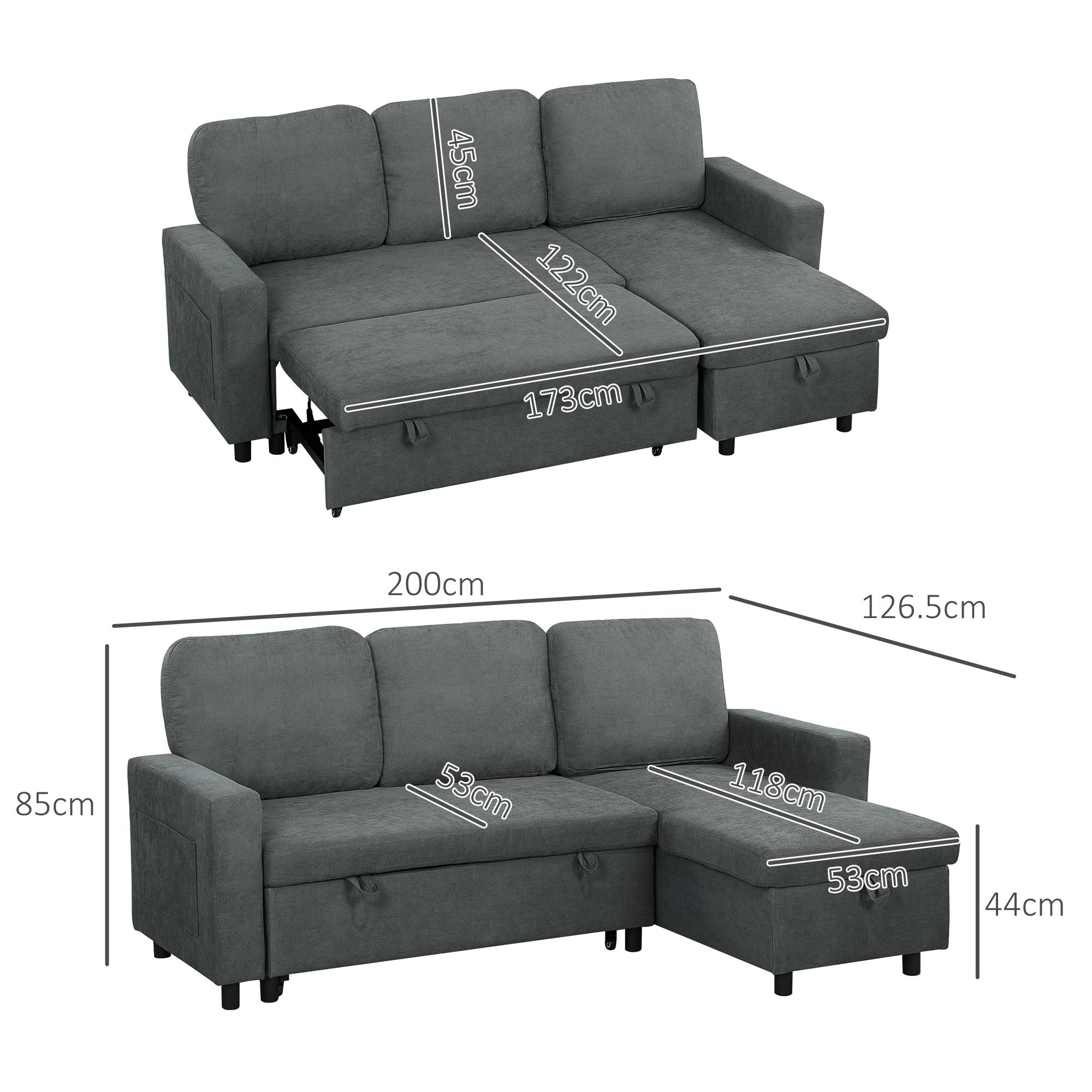 Sofa Bed with Storage, Convertible L Shaped Corner Sofa, 3 Seater Pull Out Sofa Bed with Reversible Chaise, Side Pockets for Living Room, Bedroom, Small Spaces, Charcoal Grey