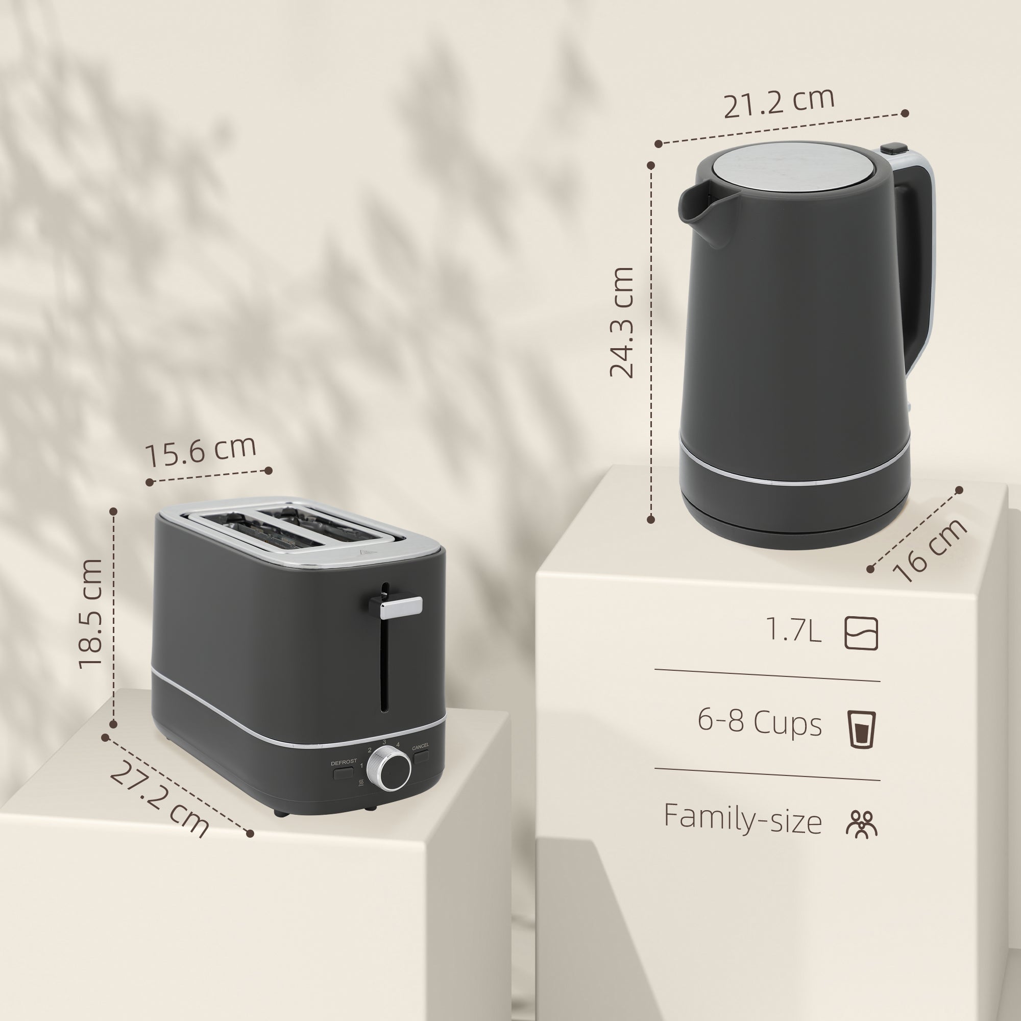 1.7L 3000W Kettle and 2-Slice Toaster Set with 6 Browning Levels, Defrost & Reheat - Grey