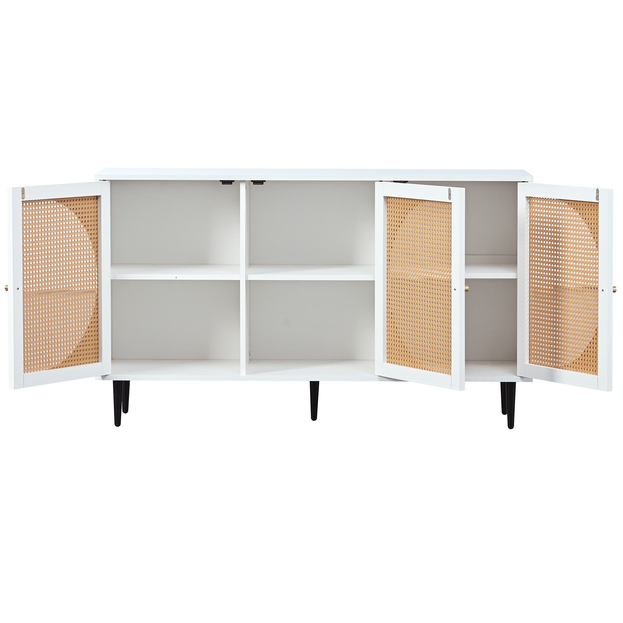 Versatile Rattan Sideboard with 3 Doors and Metal Handles, Storage Cabinet for Living Room and Office, 130L x 40W x 76H cm, White