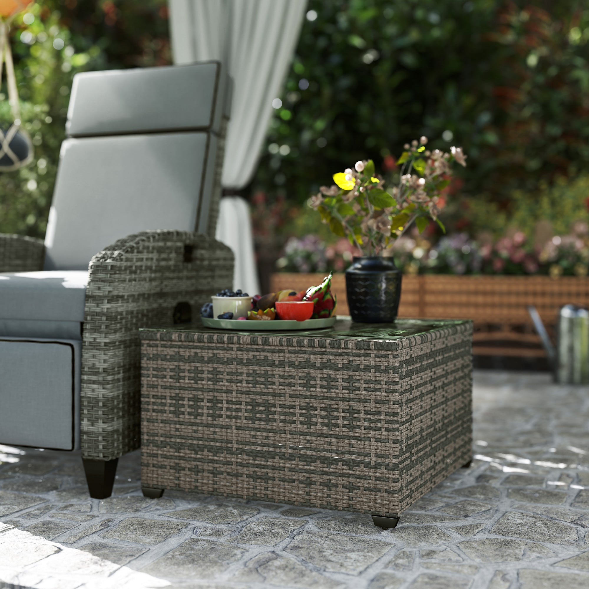 62 x 62cm Rattan Side Table with Glass Top - Light Grey