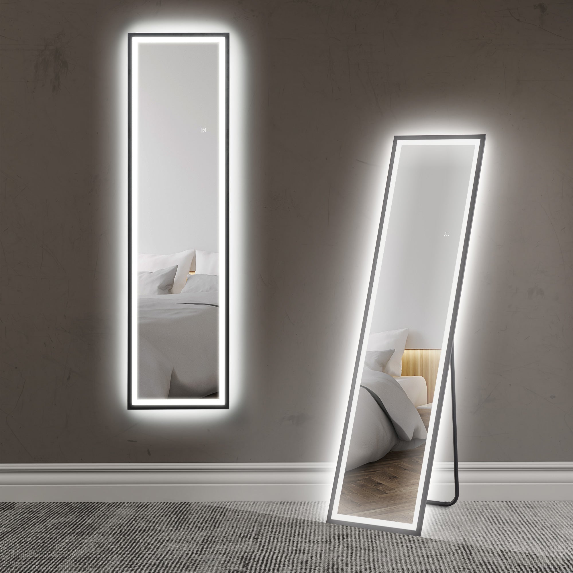 Full Length Mirror with LED Lights, 150 x 40cm Free Standing Mirror with Dimming and 3 Colour Lighting, Leaning or Wall Mirror with Metal Frame for Living Room, Bedroom, Black