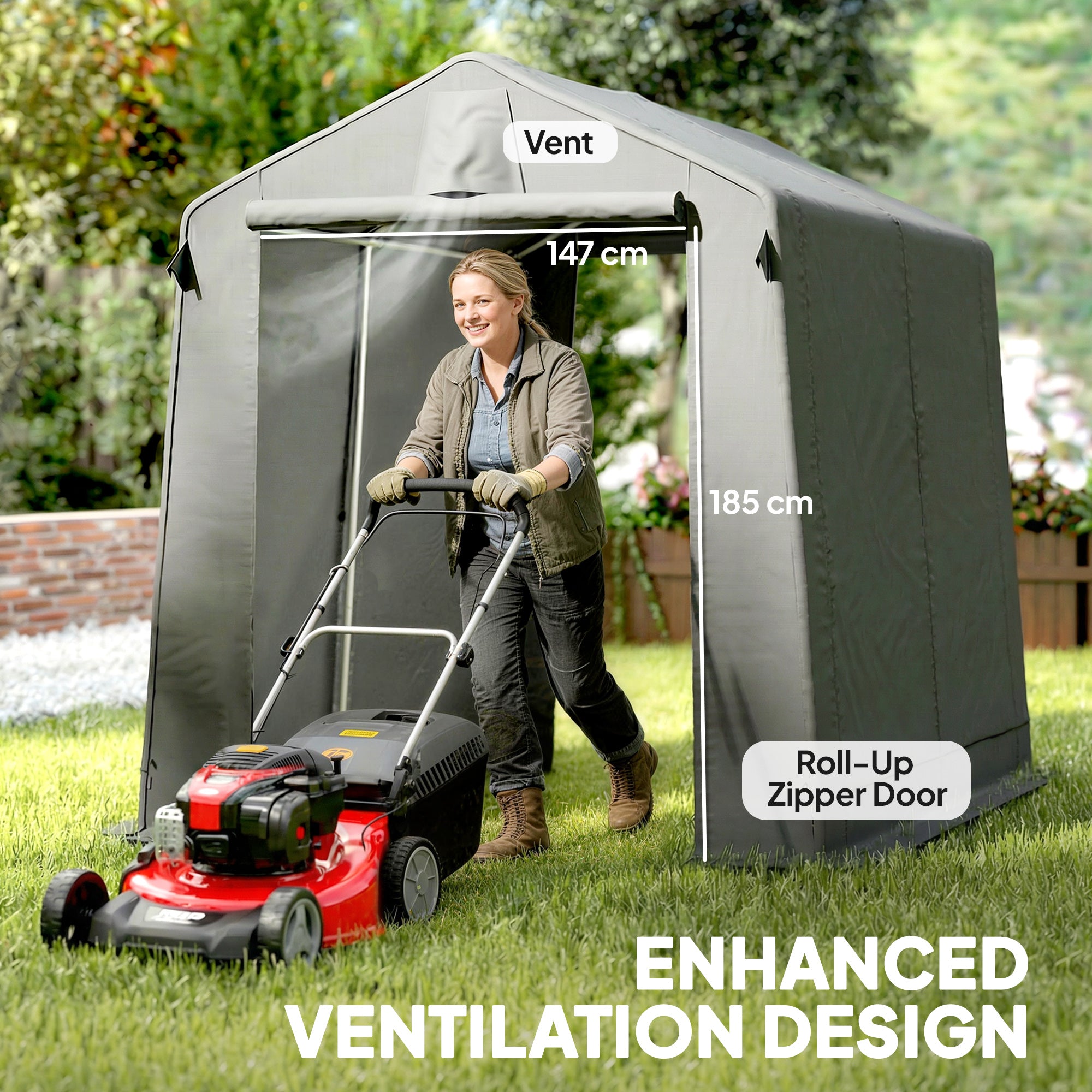 7.5 x 6.2 ft Outdoor Garden Storage Shed, Waterproof Bike Tent with Roll-Up Zipper Door and Vent, Dark Grey