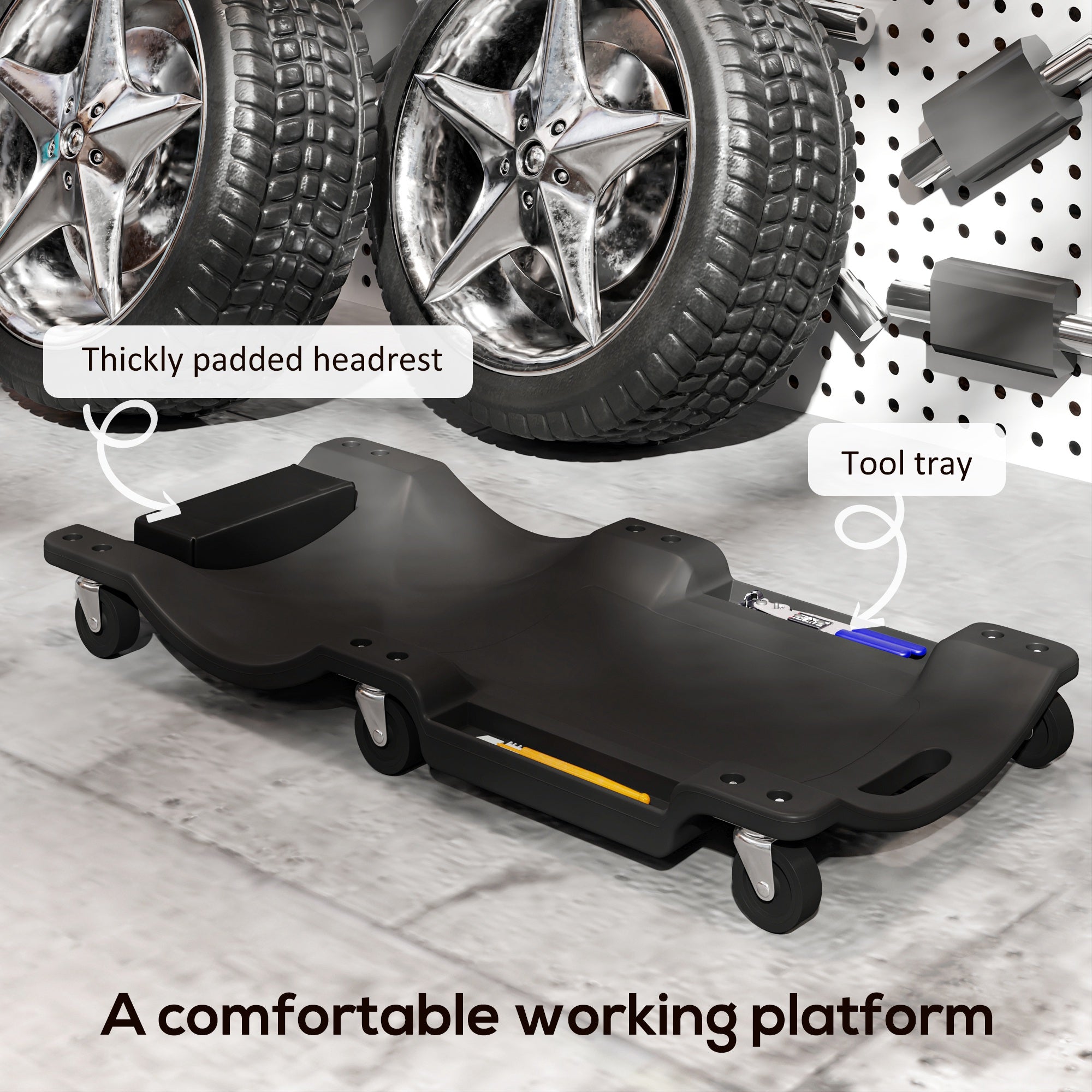Mechanic Vehicle Creeper with Padded Headrest and Tool Tray for Car Repair - Black