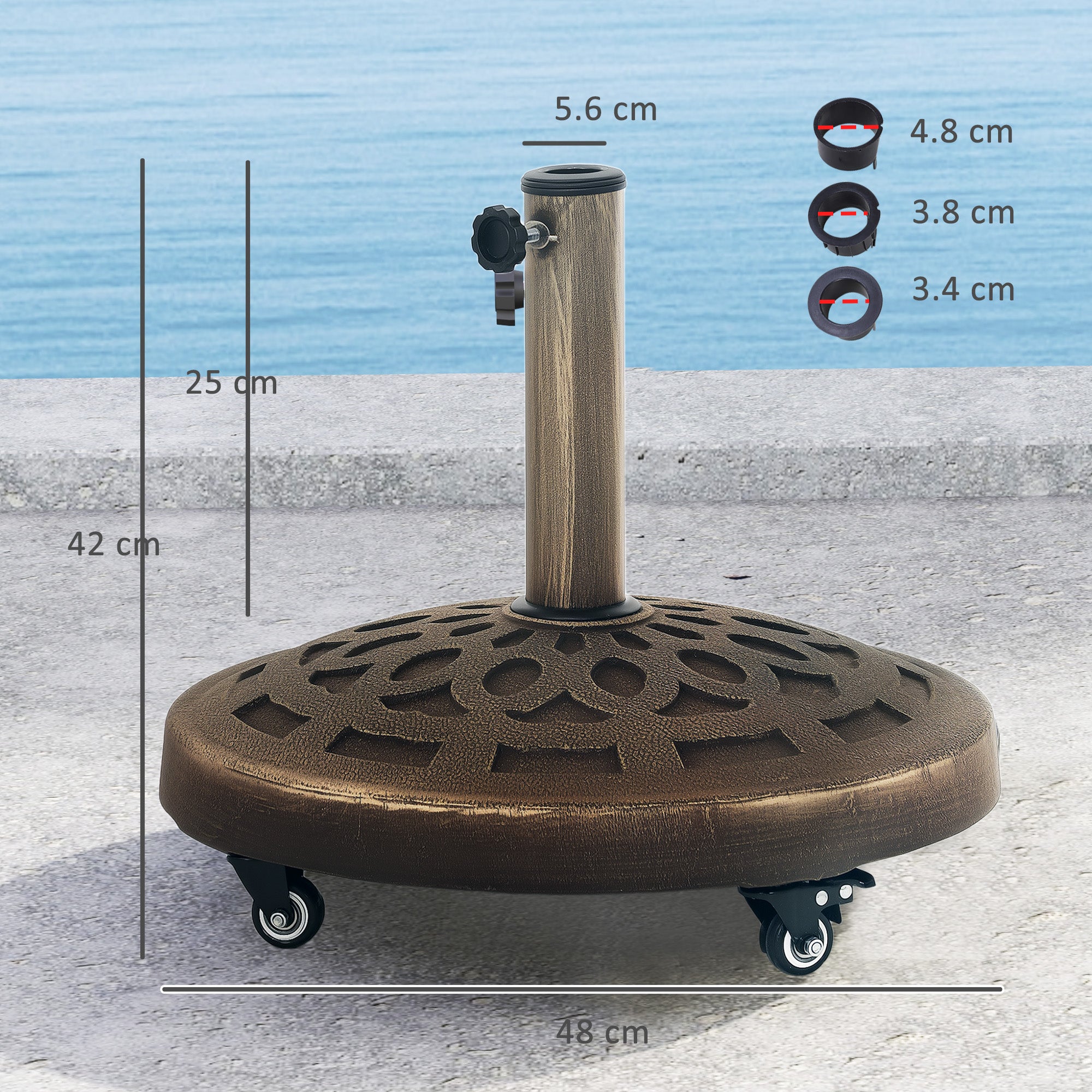 21kg Resin Garden Parasol Base with Wheels, Round Umbrella Stand, Heavy Duty Sun Umbrella Base for 34, 38, 48 mm Umbrella Poles for Deck Poolside, Bronze Tone