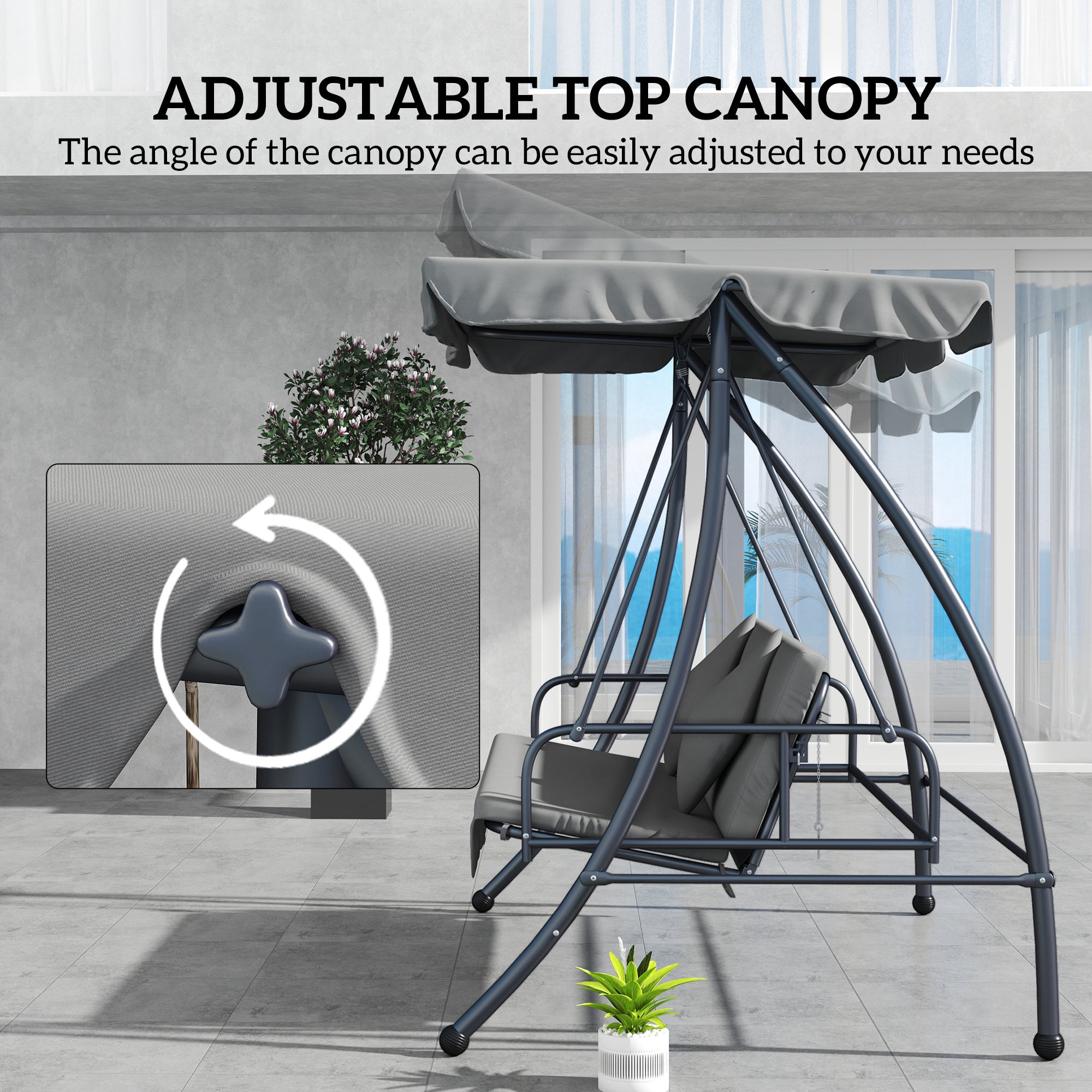Outdoor 2-in-1 3-Seater Swing Chair Lounger with Convertible Bed and Canopy - Light Grey