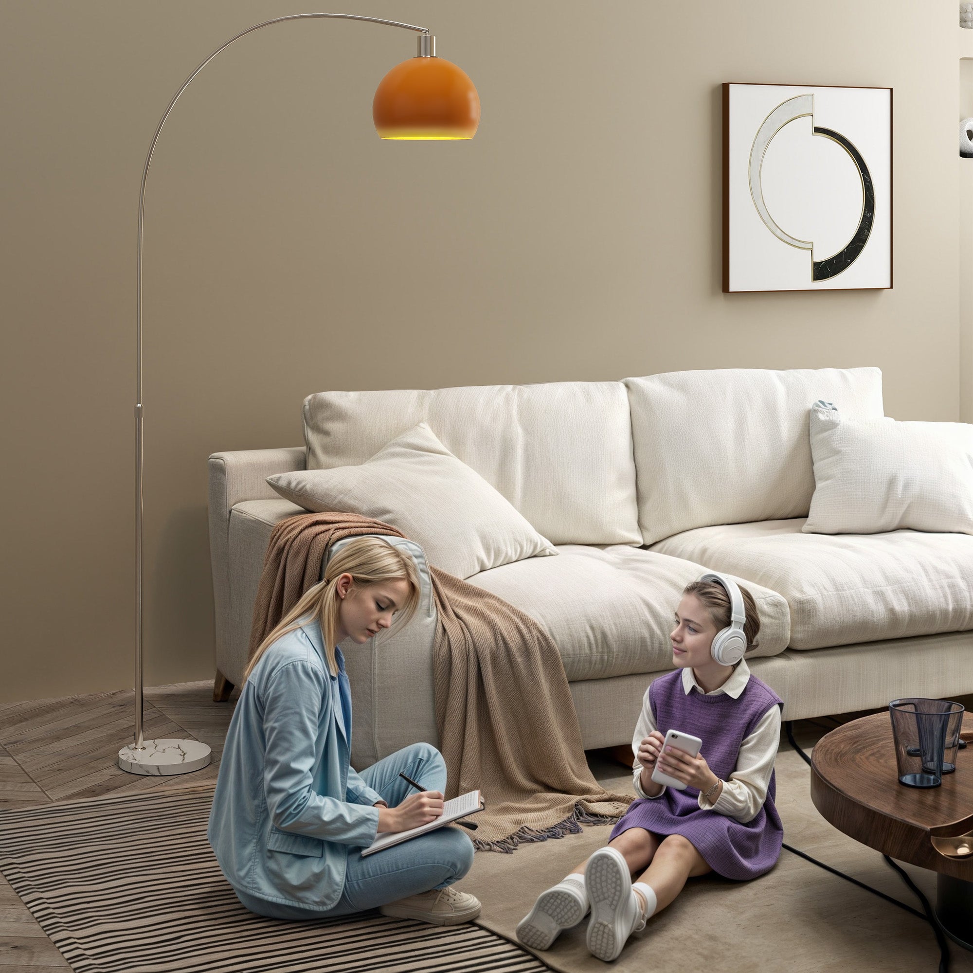 Floor Lamp for Living Room, Modern Standing Lamp with Shade & Foot Switch for Bedroom, Office, Orange