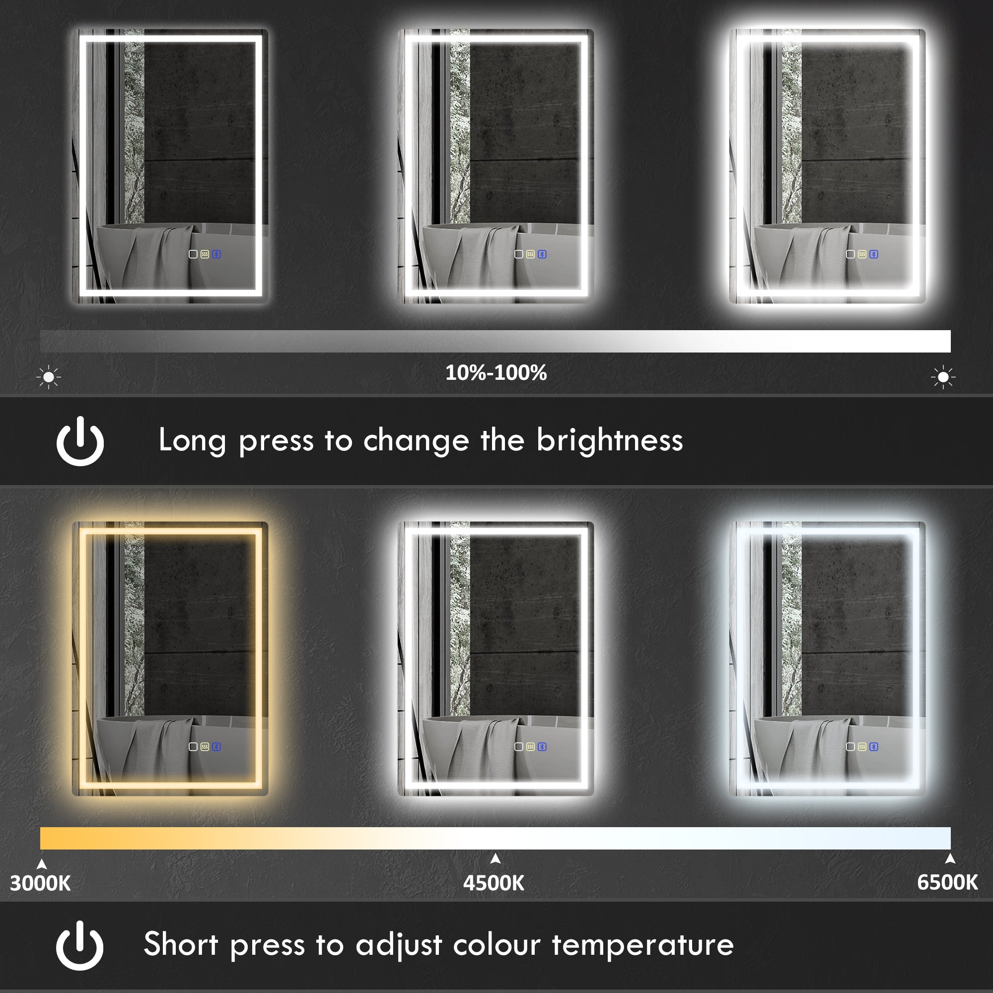 50 x 70 cm Anti-Fog LED Bathroom Mirror, with Bluetooth - Silver Tone