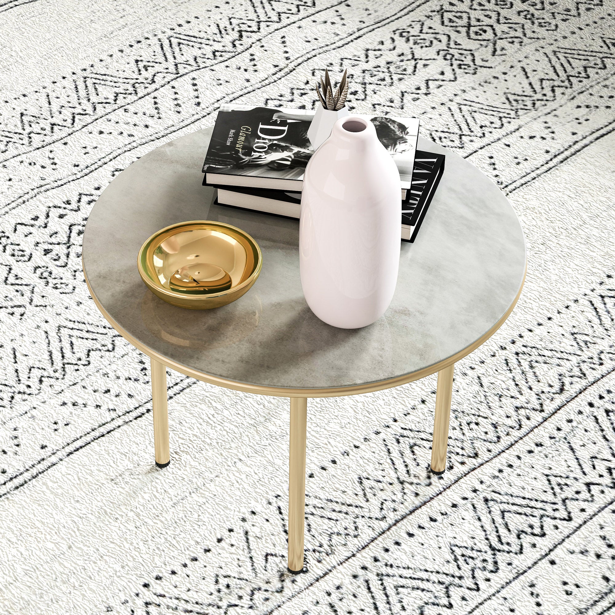 Round Coffee Table, Modern End Side Table with Faux Marble Tempered Glass Top, Steel Frame for Living Room, Bedroom, Office, Beige