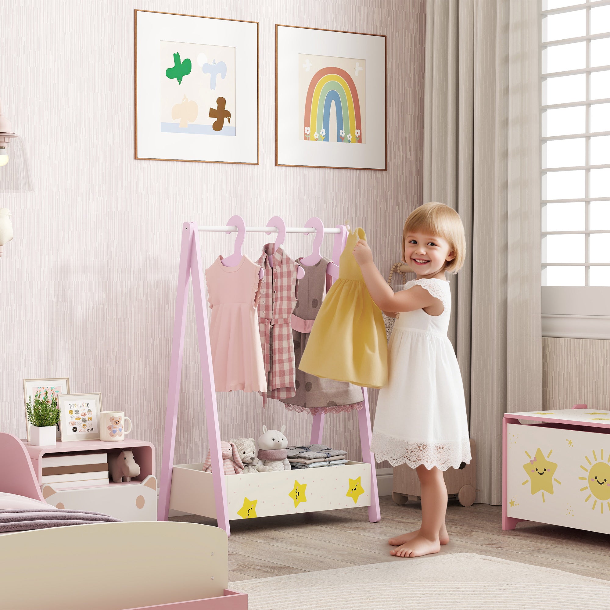 Baby Clothing Rack with Hangers, Storage Shelf for Bedroom, Star Theme, for Ages 3-6, Pink