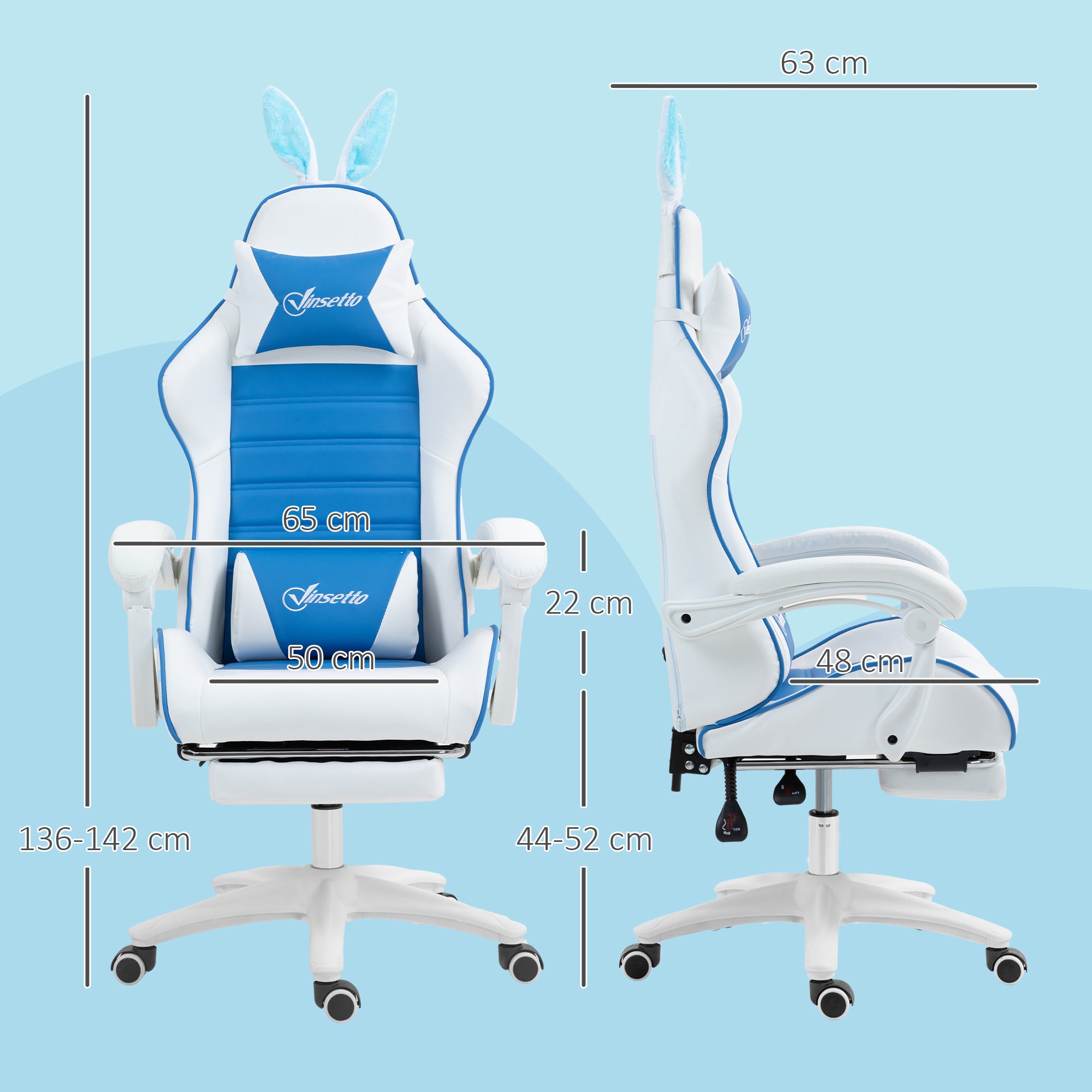 Racing Gaming Chair, Reclining PU Leather Computer Chair with Removable Rabbit Ears, Footrest and Lumber Support, Blue