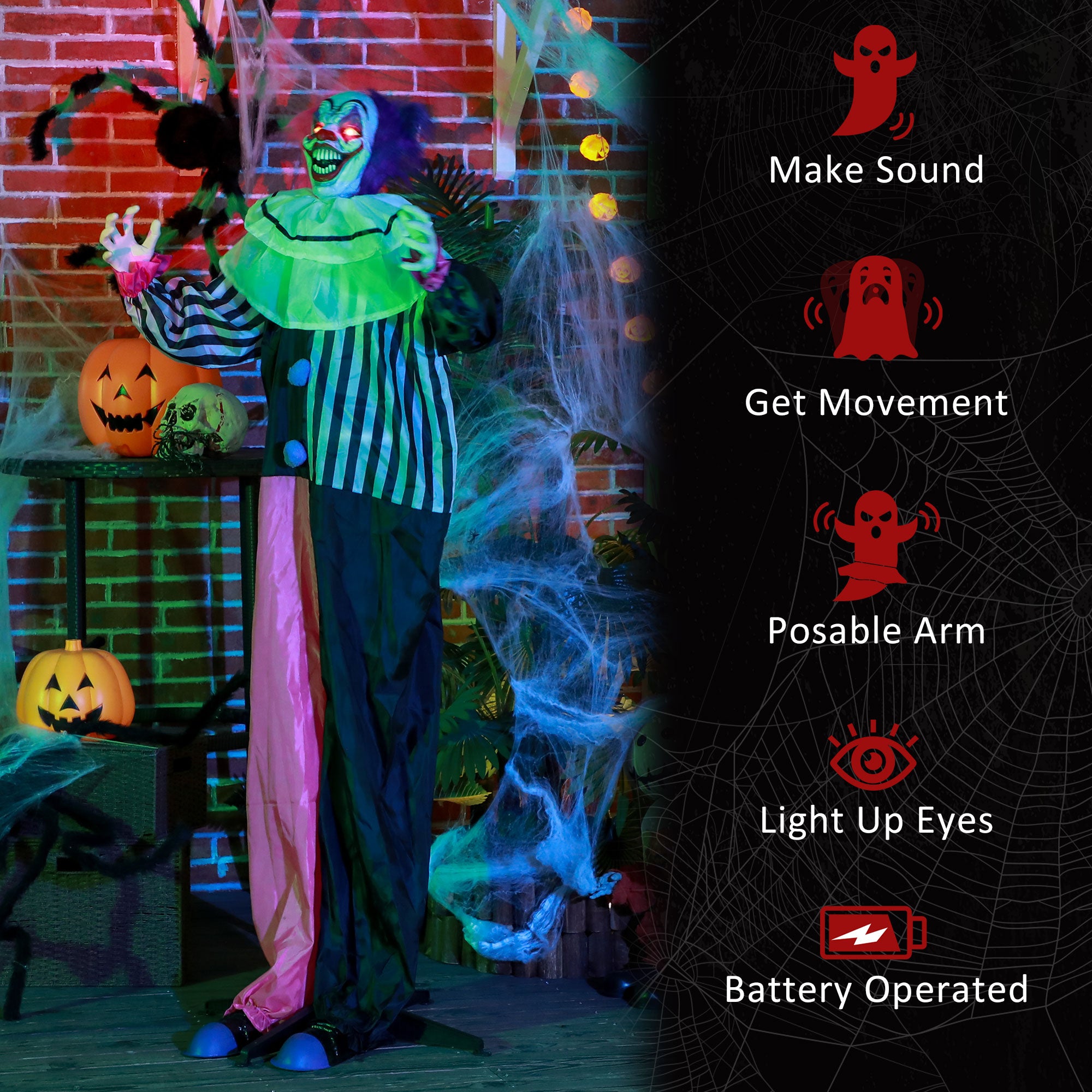 5'6" Scary Laughing Clown Halloween Animatronic, with Glowing Eyes