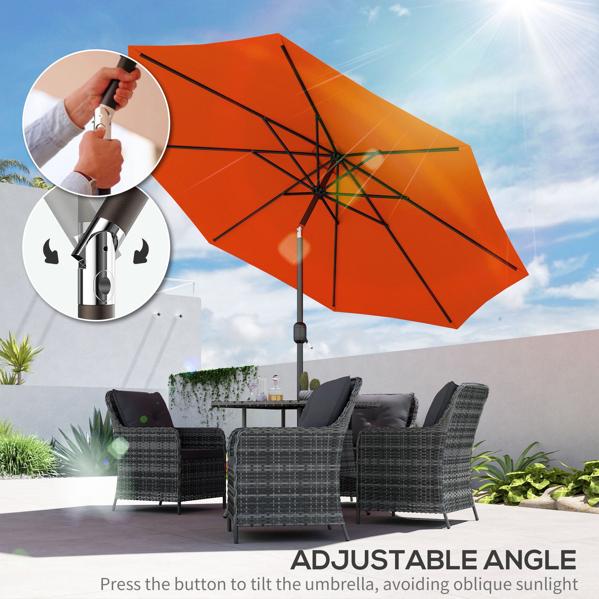 3m Garden Parasol Umbrella with 8 Ribs, Tilt & Crank Handle for Balcony & Garden - Orange
