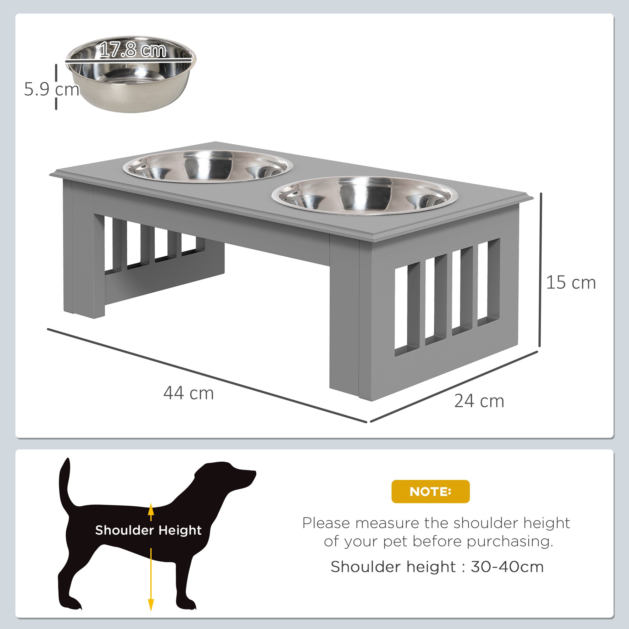 Raised Dog Feeding Bowls with Stand, Stainless Steel for Extra Small and Small Dog, 44L x 24W x 15H cm - Grey