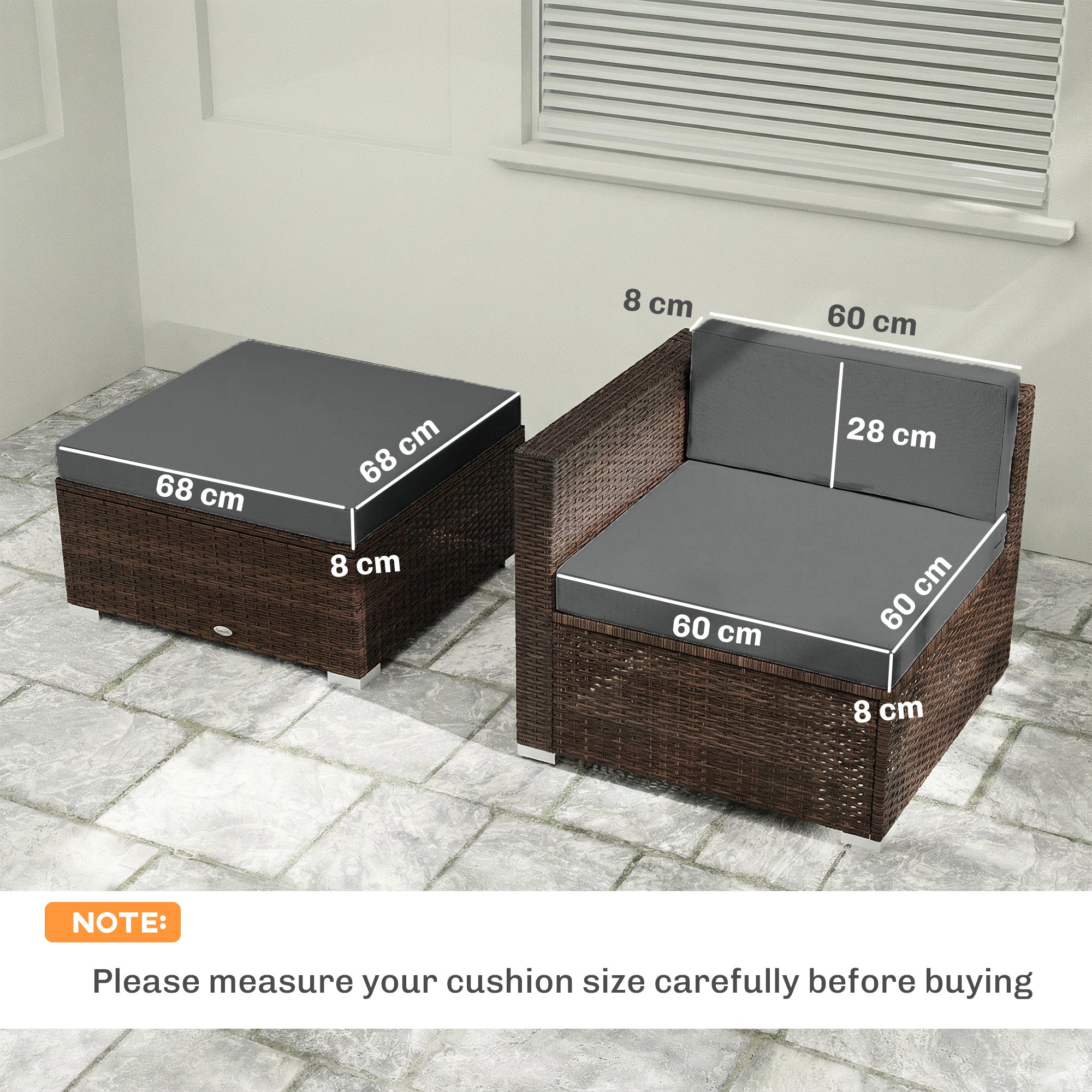 7-Piece Patio Furniture Cushions, Outdoor Loveseat Cushion with Removable Covers for Rattan Furniture, 60x60 cm, Dark Grey