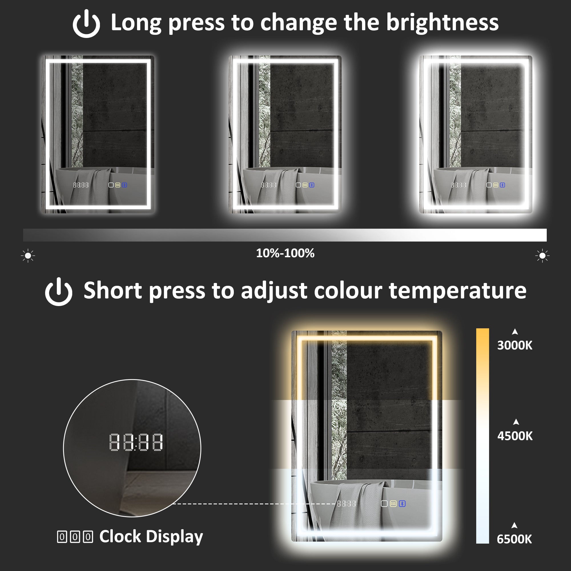 50 x 70 cm Anti-Fog LED Bathroom Mirror, with Bluetooth and Clock - Silver Tone