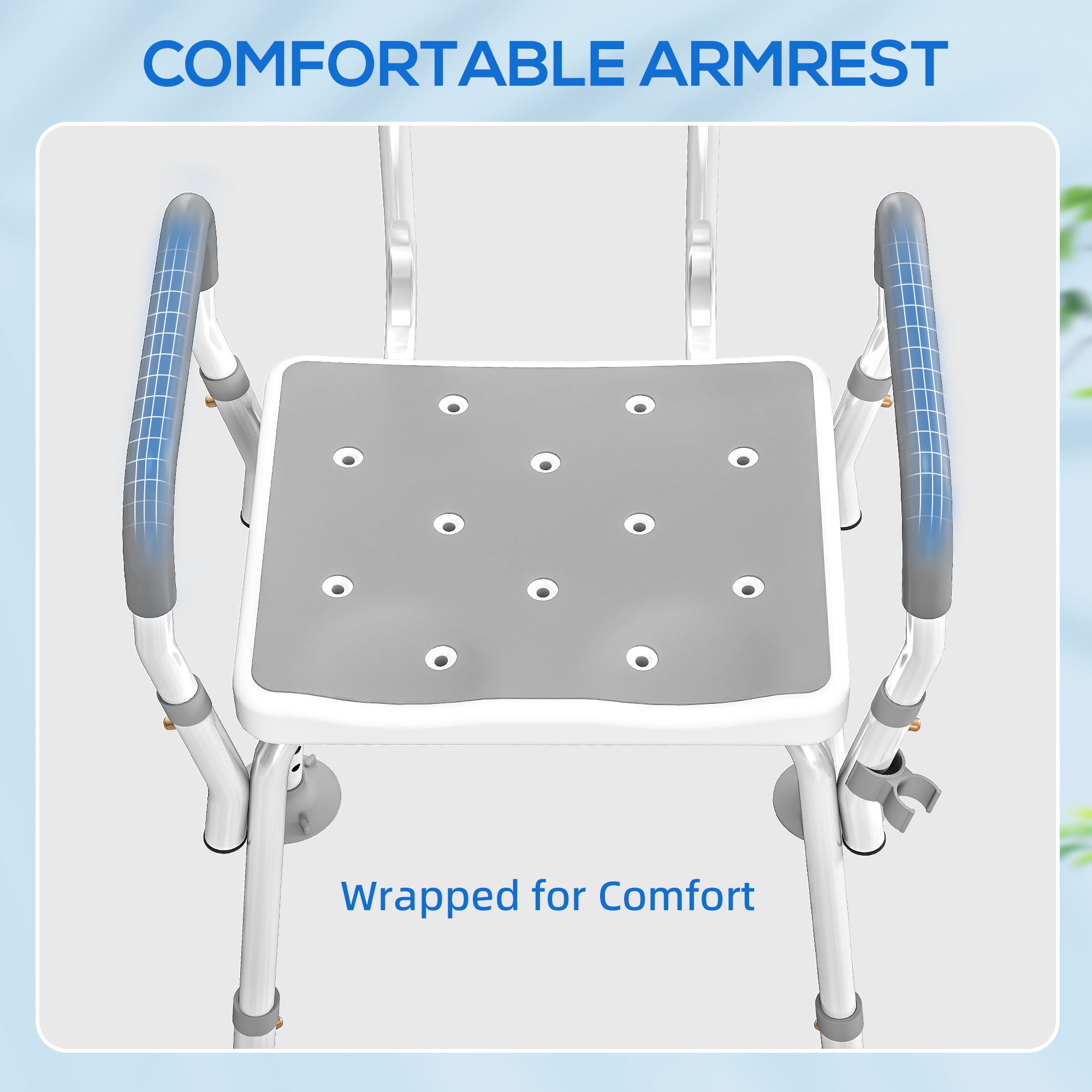 EVA Padded Shower Chair for the Elderly and Disabled, Height Adjustable Shower Stool with Back and Arms, 4 Suction Foot Pads, Light Grey