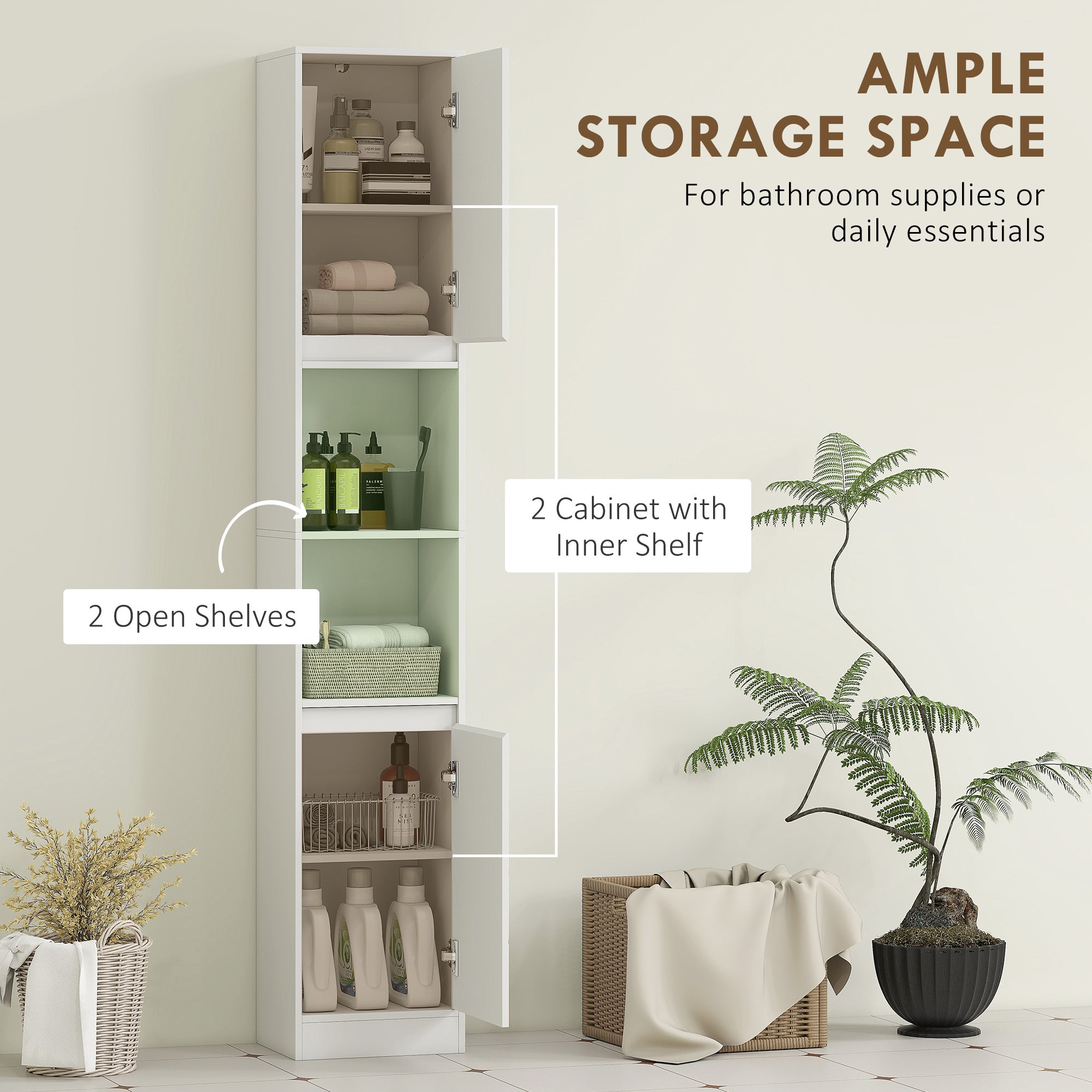 Narrow Bathroom Cabinet, Slim Bathroom Storage Unit with Open Compartment, Freestanding Storage Cupboard with Adjustable Shelves for Small Spaces, 30 x 24 x 170 cm, White