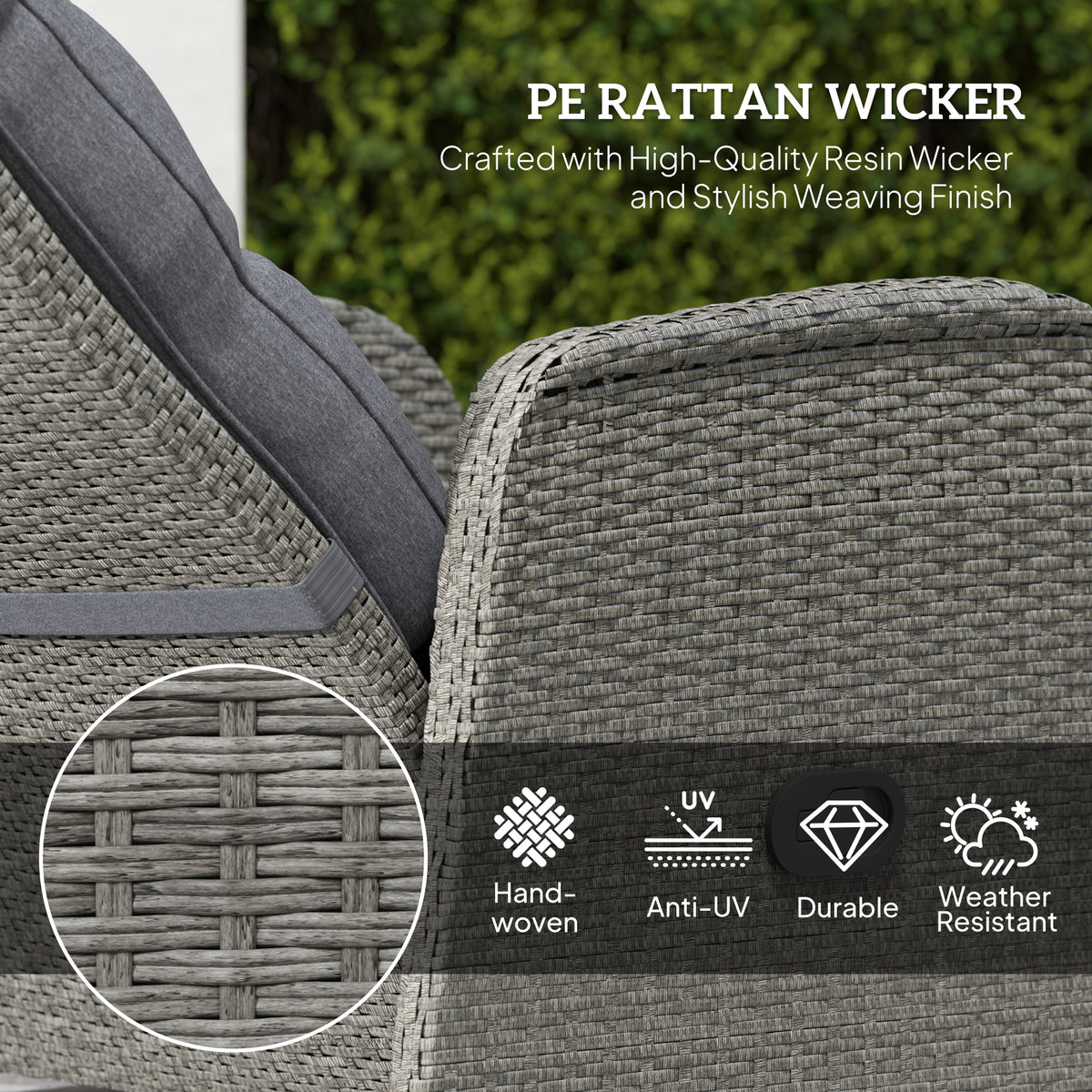 2 Seater Patio Rattan Wicker Chaise Lounge Sofa Set with Cushions and Coffee Table - Grey