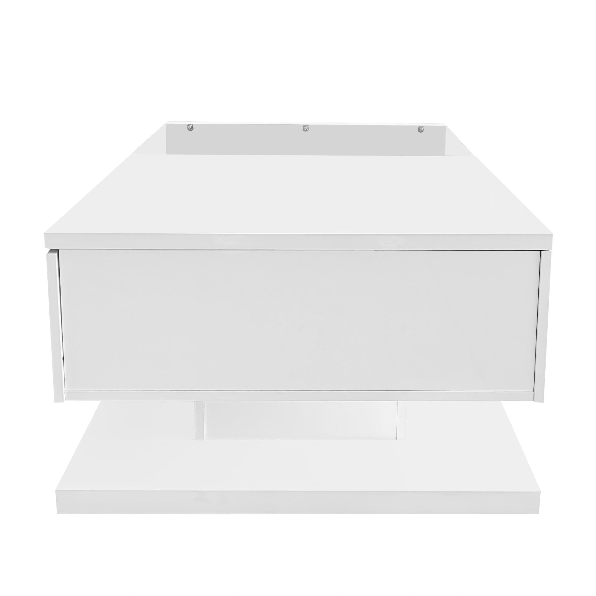 High-Gloss Coffee Table with Glass Top and LED Lights, Sofa Table for Living Room, 105L x 55W x 32.5H cm, White