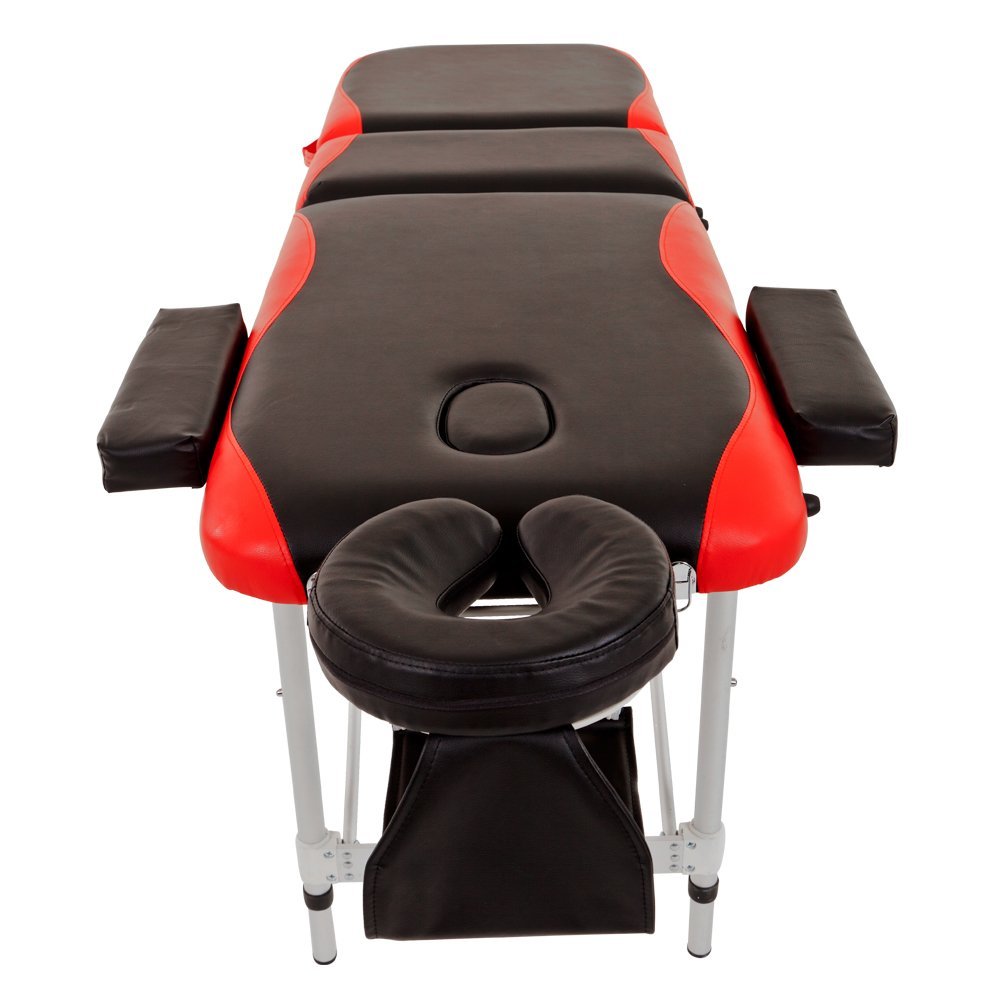 Portable Aluminium Massage Table, 3-Section Foldable Couch Bed with Adjustable Headrest, Arm Support, and Carrying Bag, Black+Red