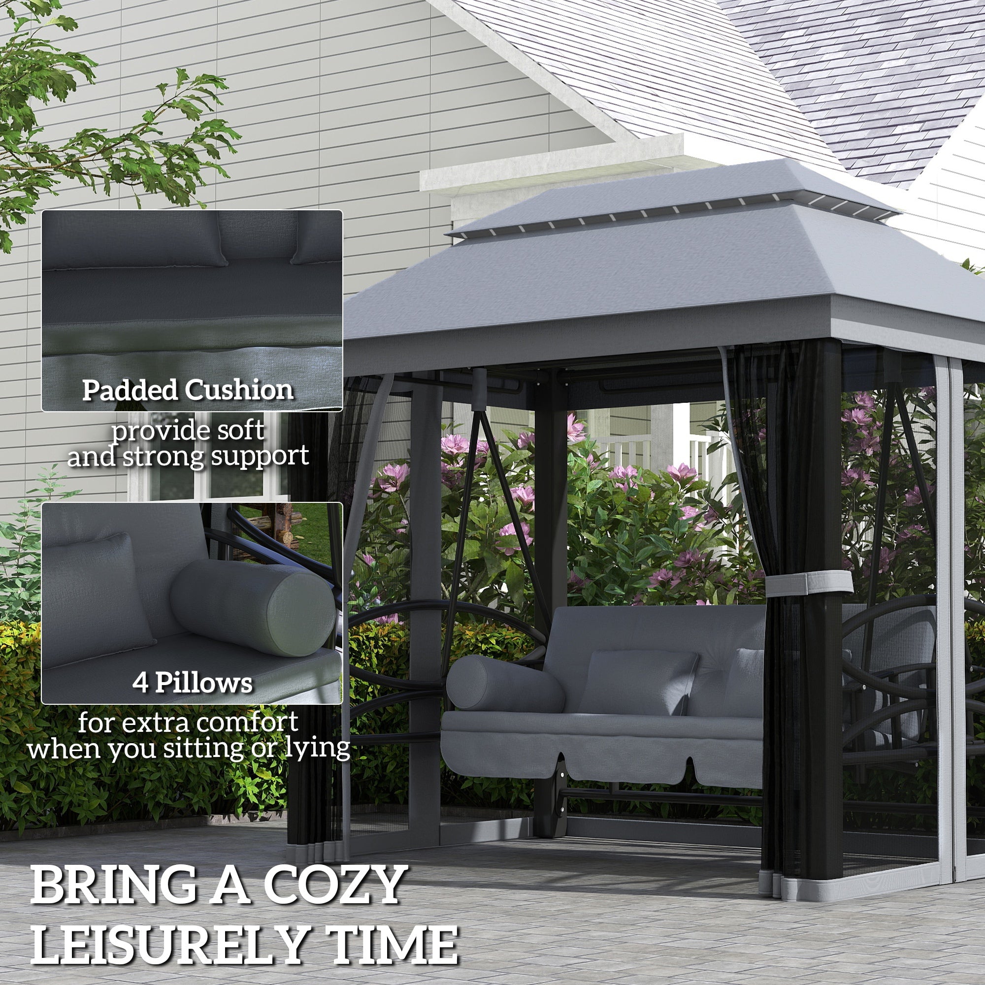 3 Seater Swing Chair Hammock Gazebo Lounger Cushioned Seat Waterproof Grey