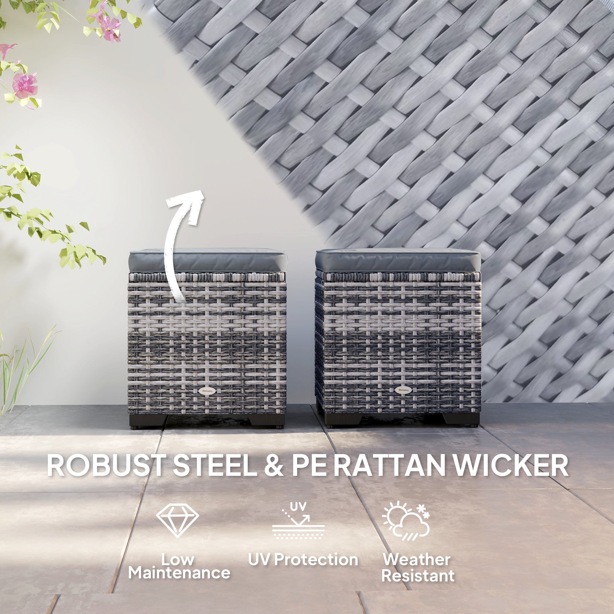 Set of 2 Rattan Storage Ottomans with Removable Cushions - Dark Grey