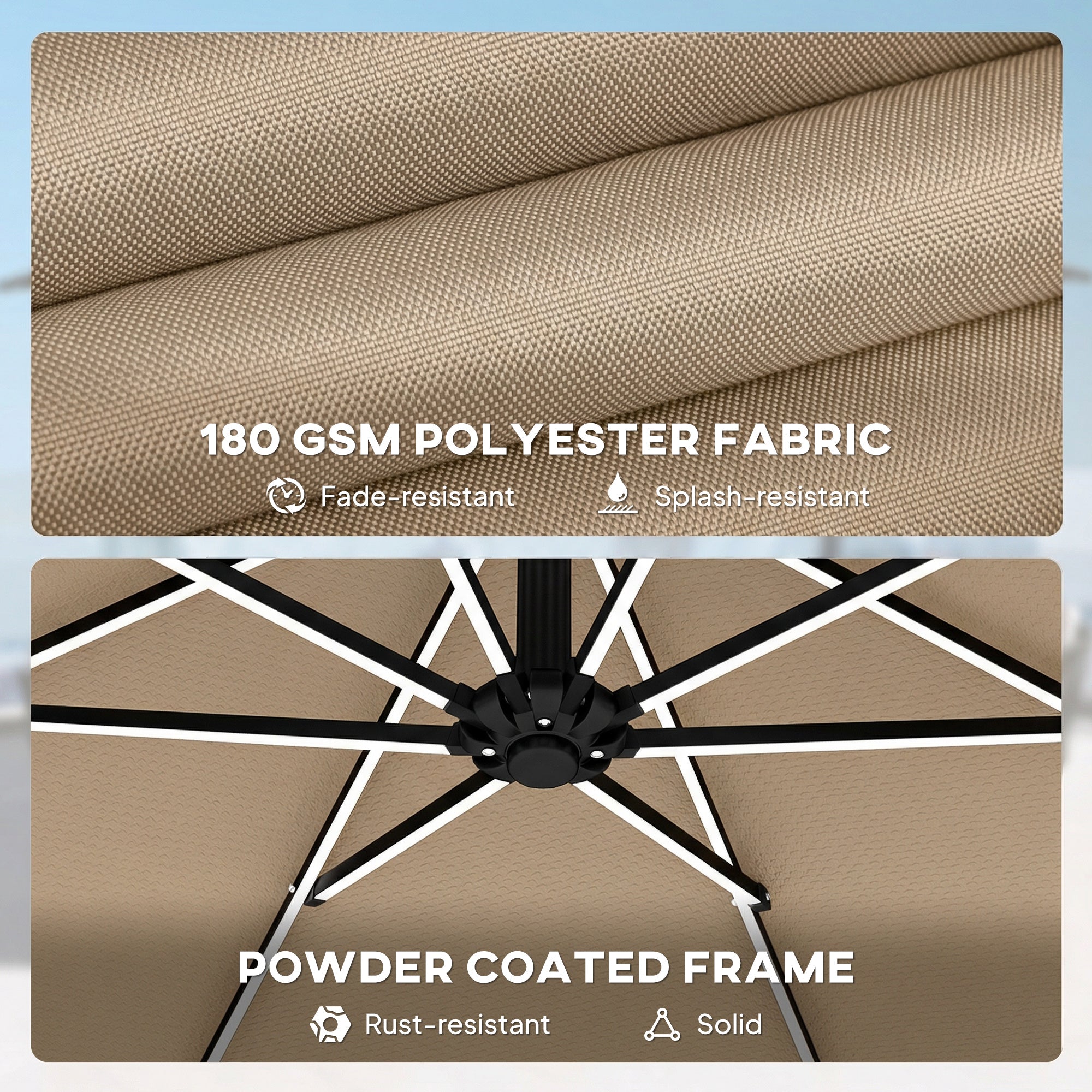 3 m Garden Cantilever Parasol with LED Solar Light, Round Overhanging Umbrella with 360° Rotation, Cover, Khaki