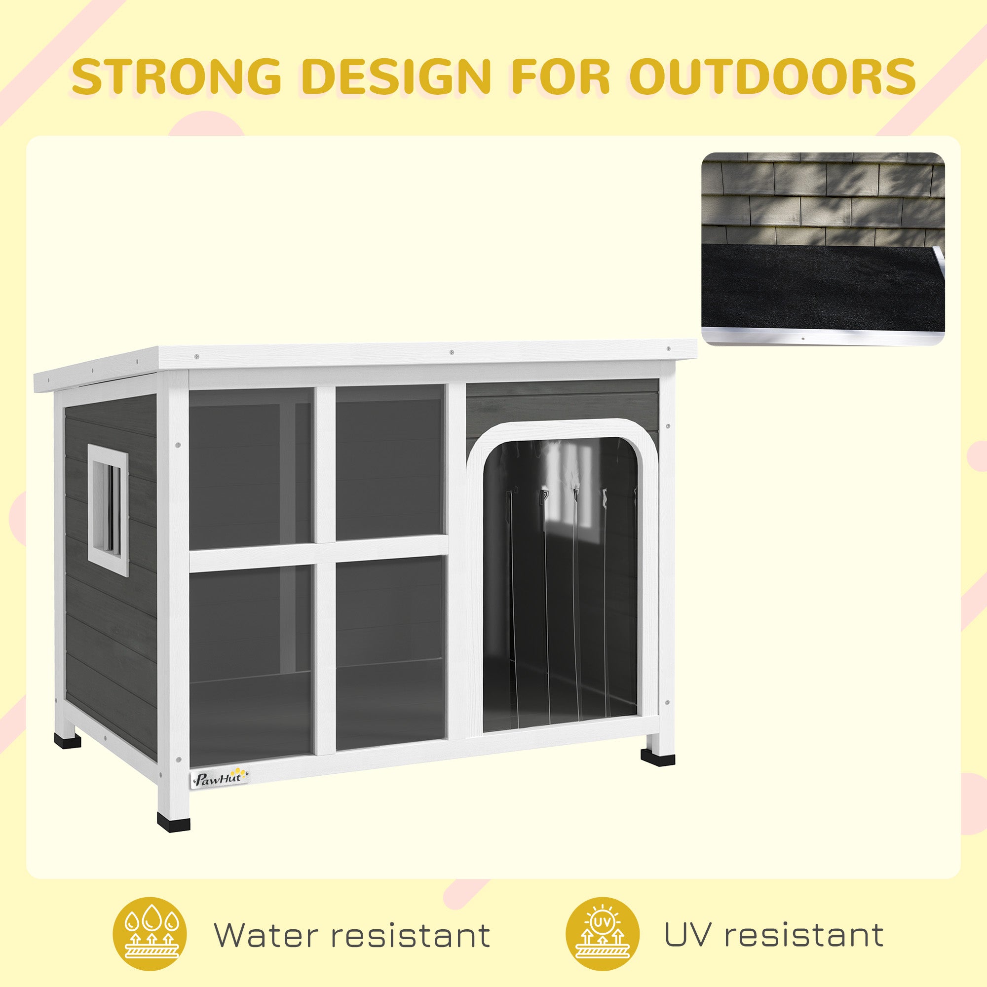 Wooden Dog House Outdoor with Asphalt Openable Top, Removable Floor, Clear Front Panel, Curtain, 90 x 62 x 71cm